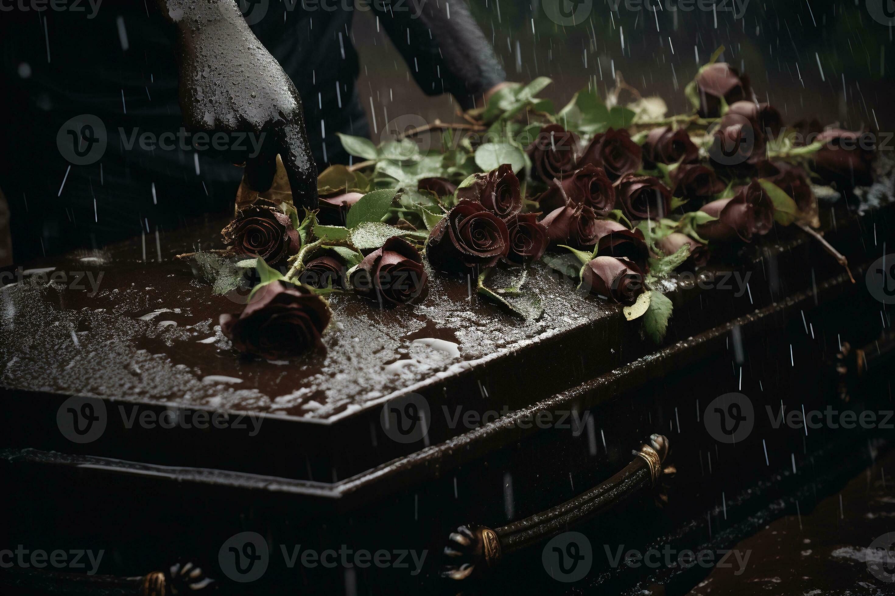 closeup of a funeral casket at a cemetery with flowers in the rain,hand