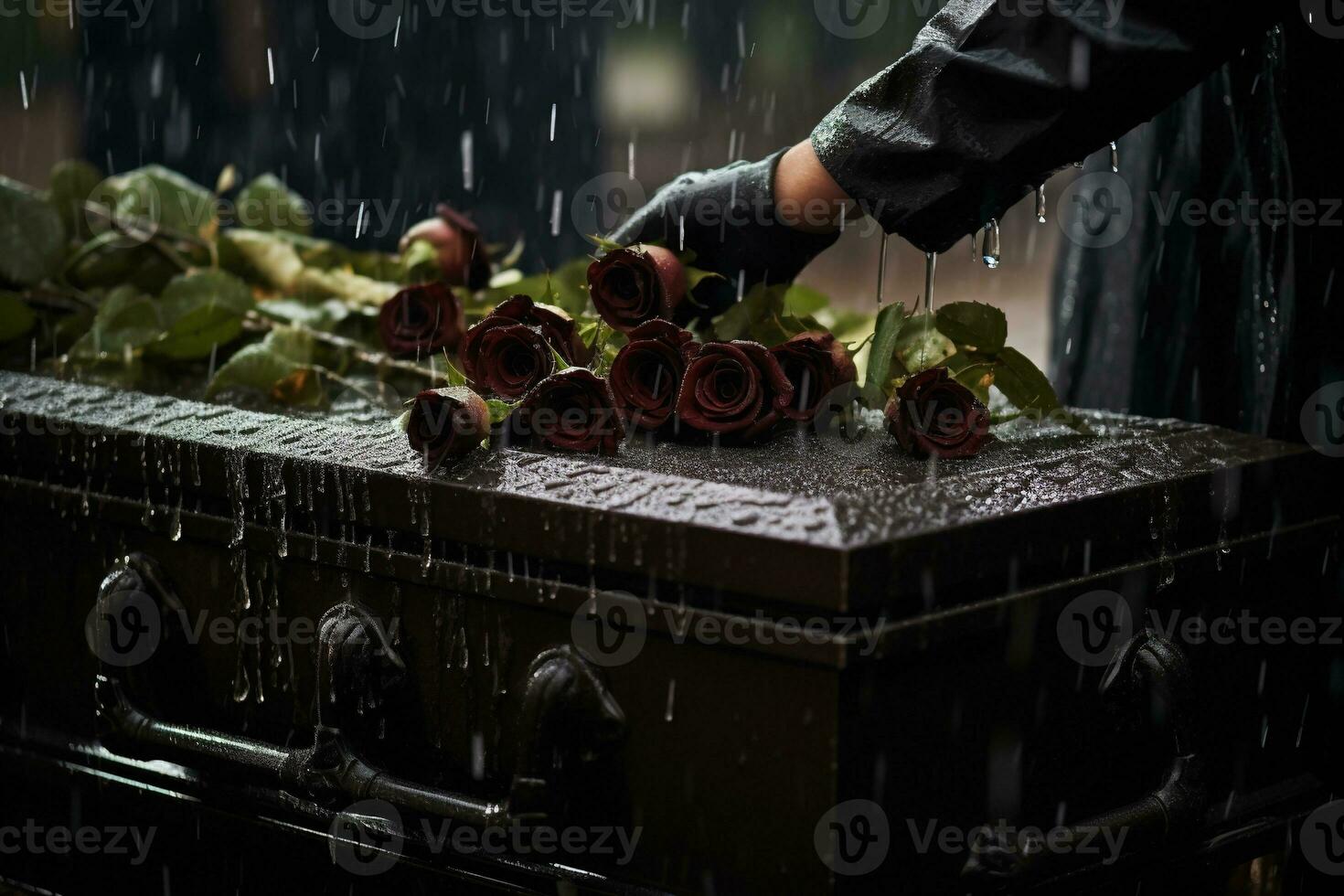 closeup of a funeral casket at a cemetery with flowers in the rain,hand on the grave in the rain with dark background and rose AI generated photo