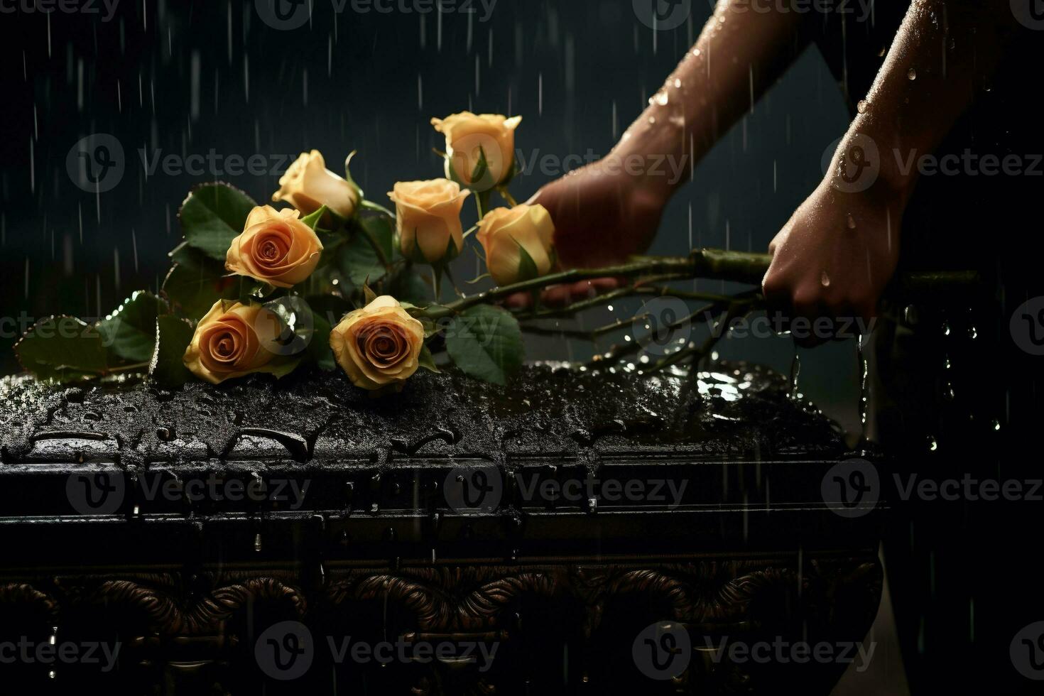 closeup of a funeral casket at a cemetery with flowers in the rain,hand on the grave in the rain with dark background and rose AI generated photo