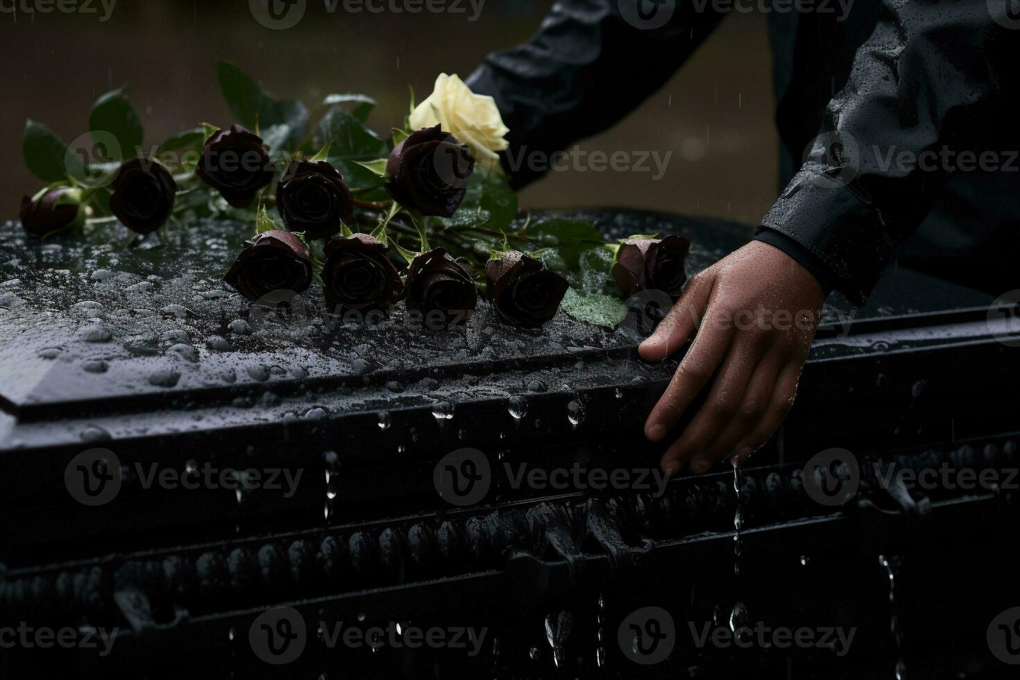 closeup of a funeral casket at a cemetery with flowers in the rain,hand on the grave in the rain with dark background and rose AI generated photo