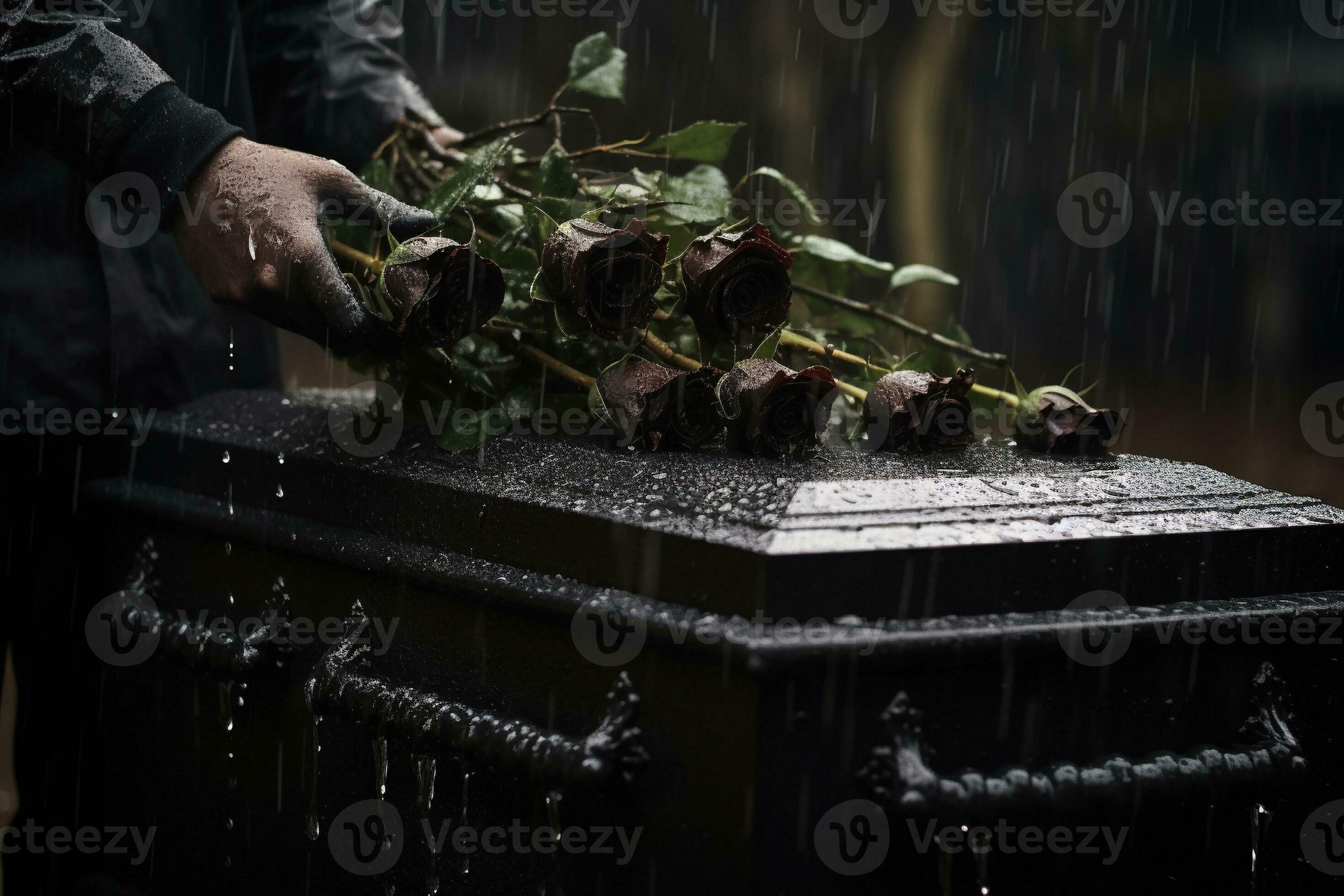 closeup of a funeral casket at a cemetery with flowers in the rain,hand