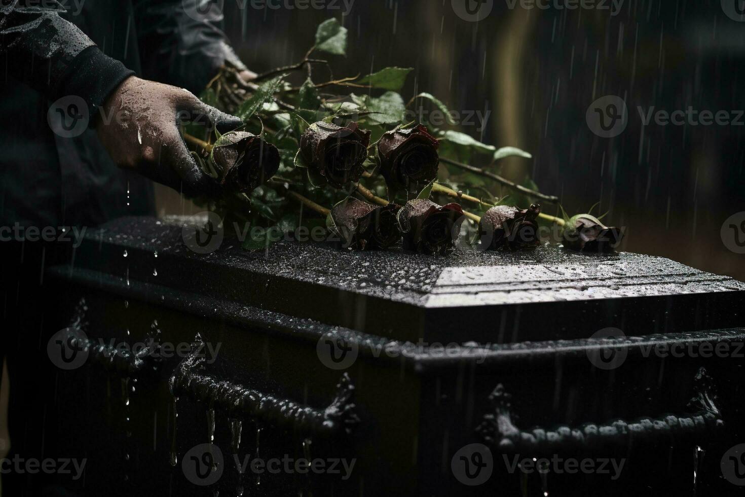 de cerca de un funeral ataúd a un cementerio con flores en el lluvia, mano en el tumba en el lluvia con oscuro antecedentes y Rosa ai generado foto