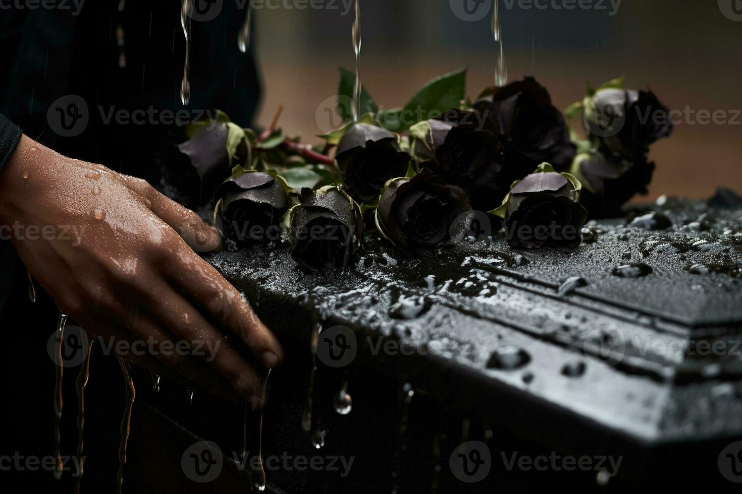 closeup of a funeral casket at a cemetery with flowers in the rain,hand on the grave in the rain with dark background and rose AI generated photo