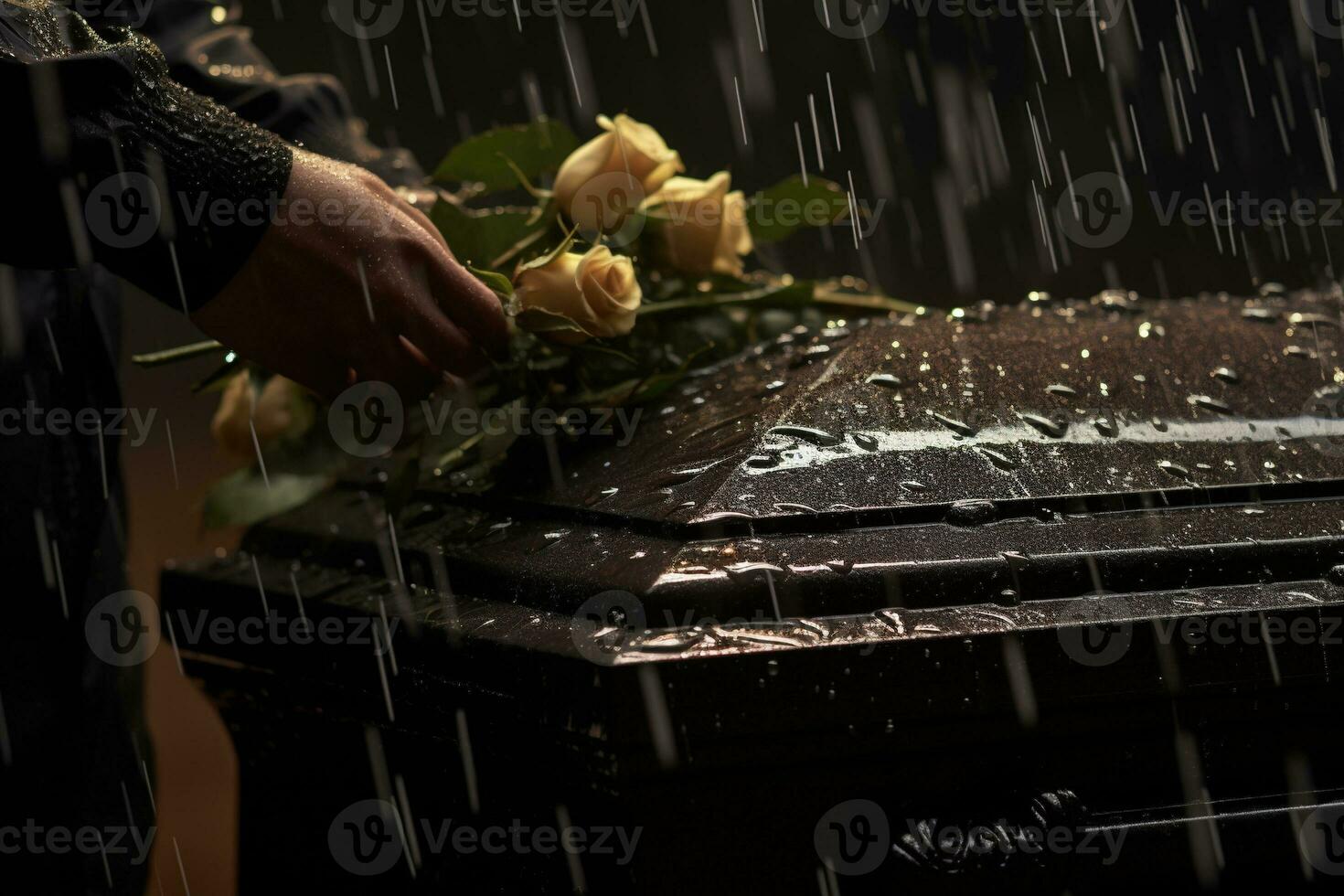 closeup of a funeral casket at a cemetery with flowers in the rain,hand on the grave in the rain with dark background and rose AI generated photo