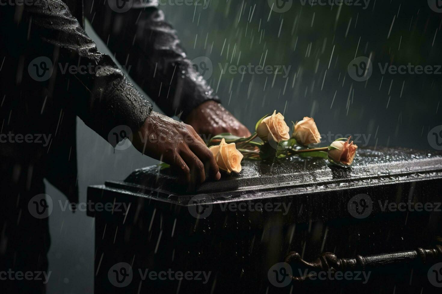 closeup of a funeral casket at a cemetery with flowers in the rain,hand on the grave in the rain with dark background and rose AI generated photo