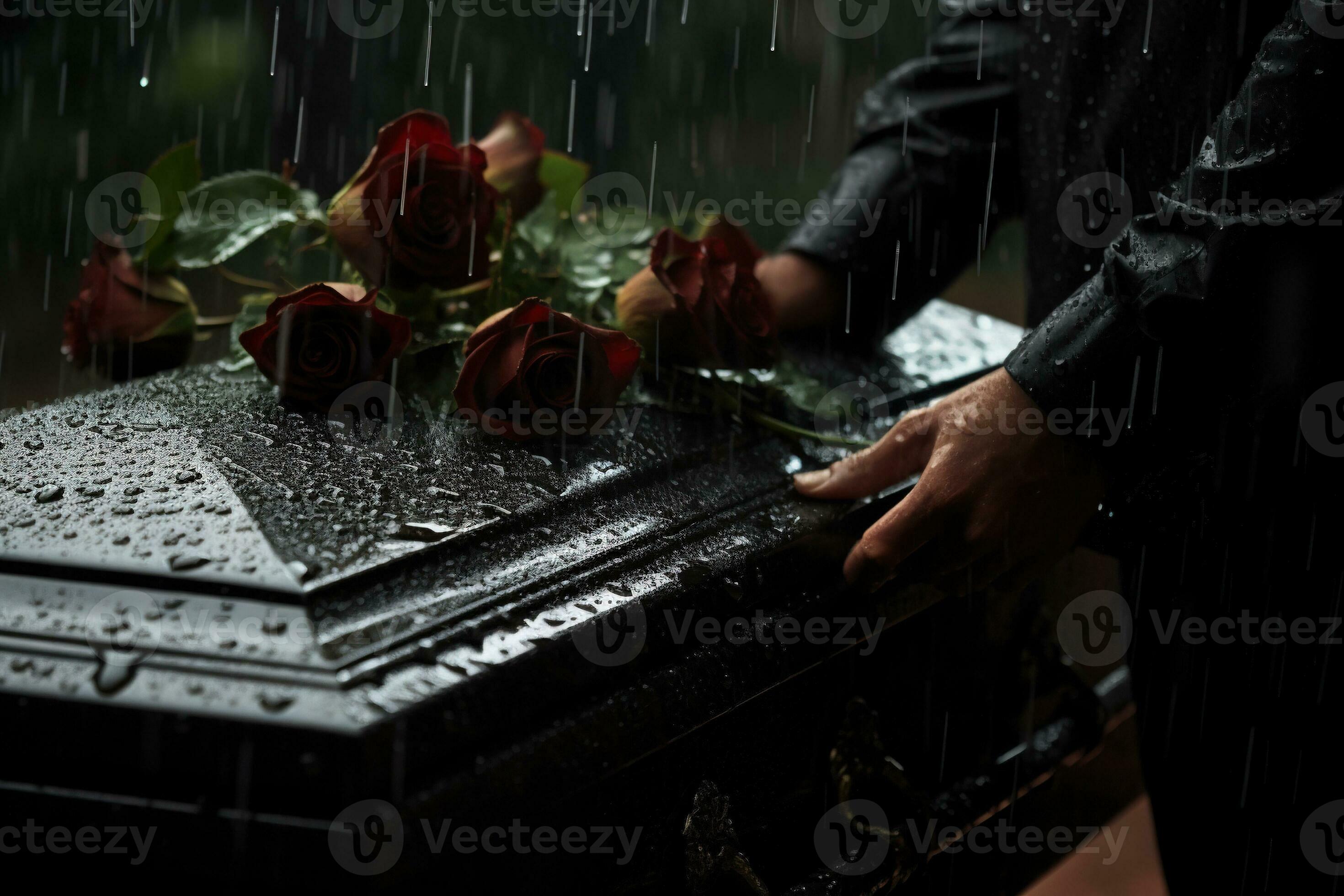 closeup of a funeral casket at a cemetery with flowers in the rain,hand