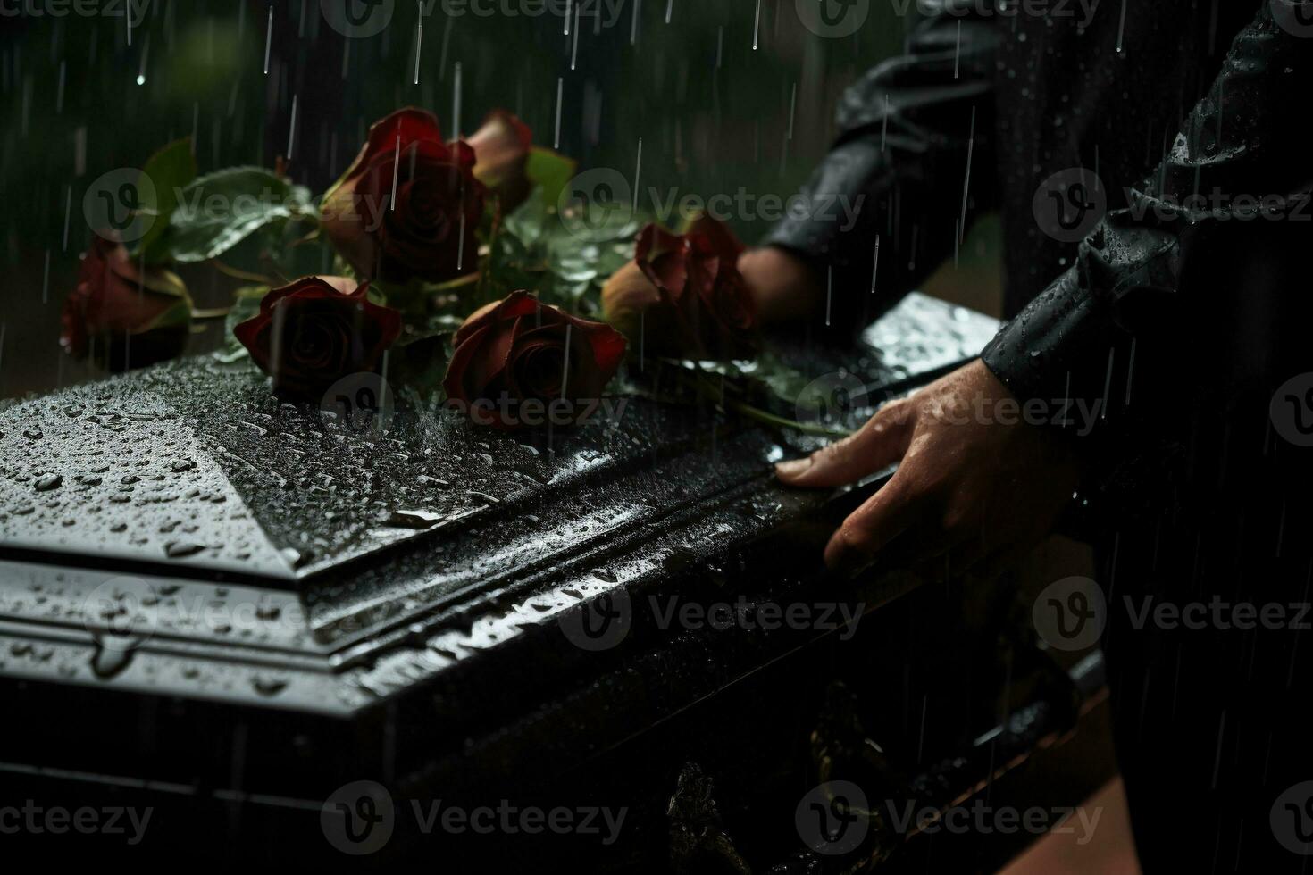 closeup of a funeral casket at a cemetery with flowers in the rain,hand on the grave in the rain with dark background and rose AI generated photo