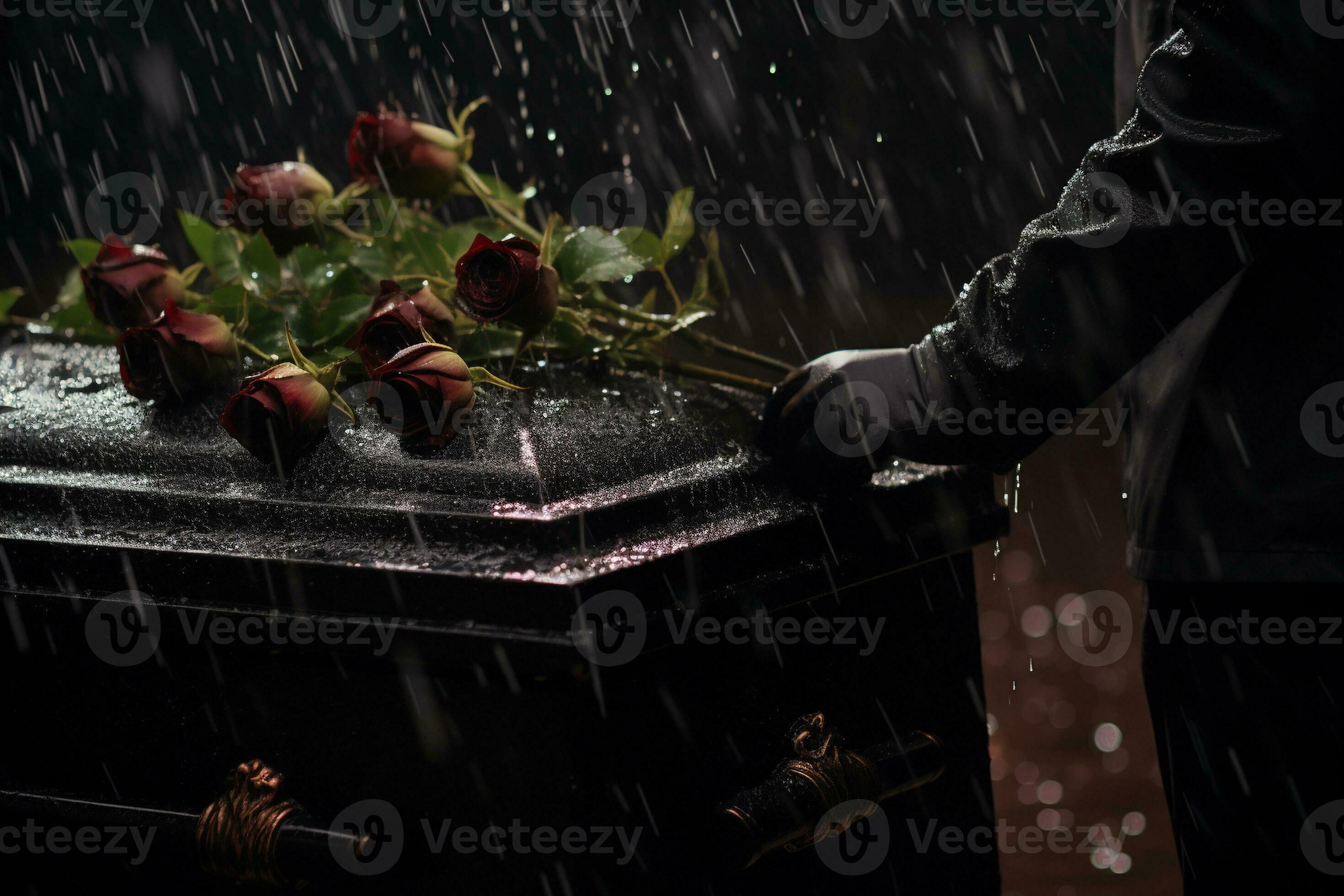 closeup of a funeral casket at a cemetery with flowers in the rain,hand