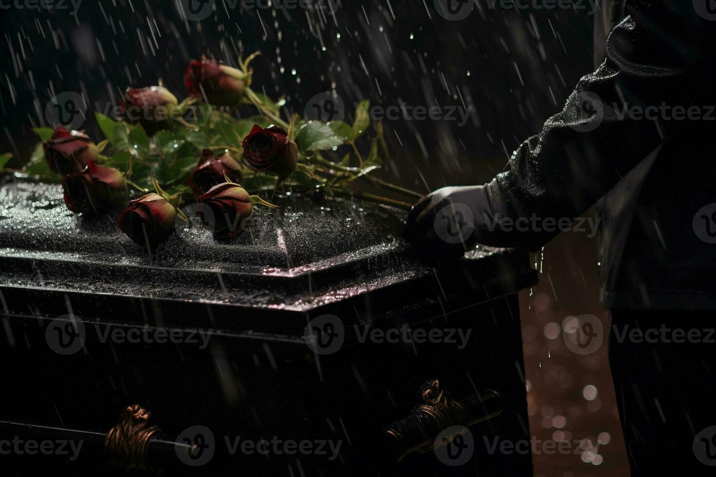 closeup of a funeral casket at a cemetery with flowers in the rain,hand on the grave in the rain with dark background and rose AI generated photo