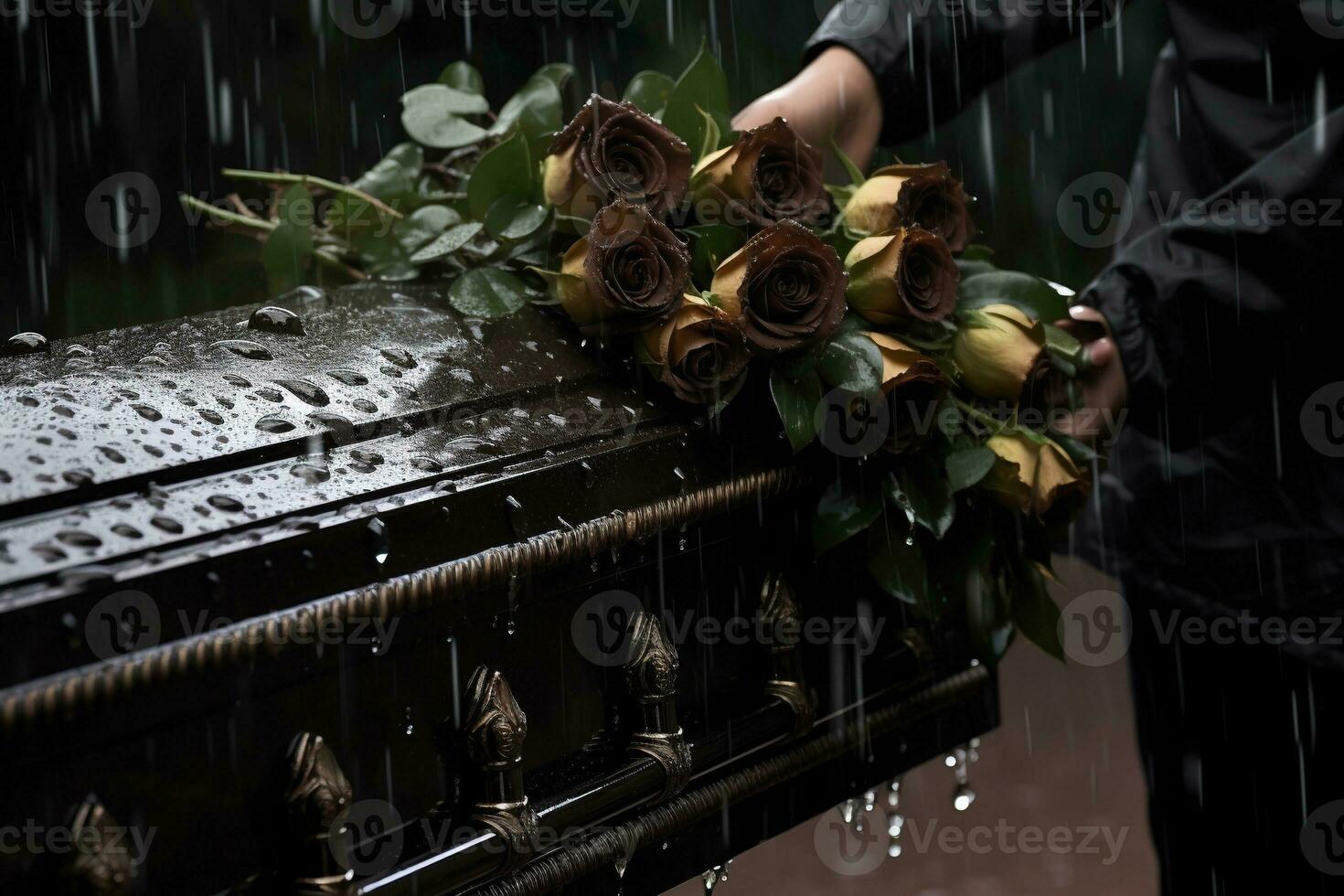 closeup of a funeral casket at a cemetery with flowers in the rain,hand on the grave in the rain with dark background and rose AI generated photo