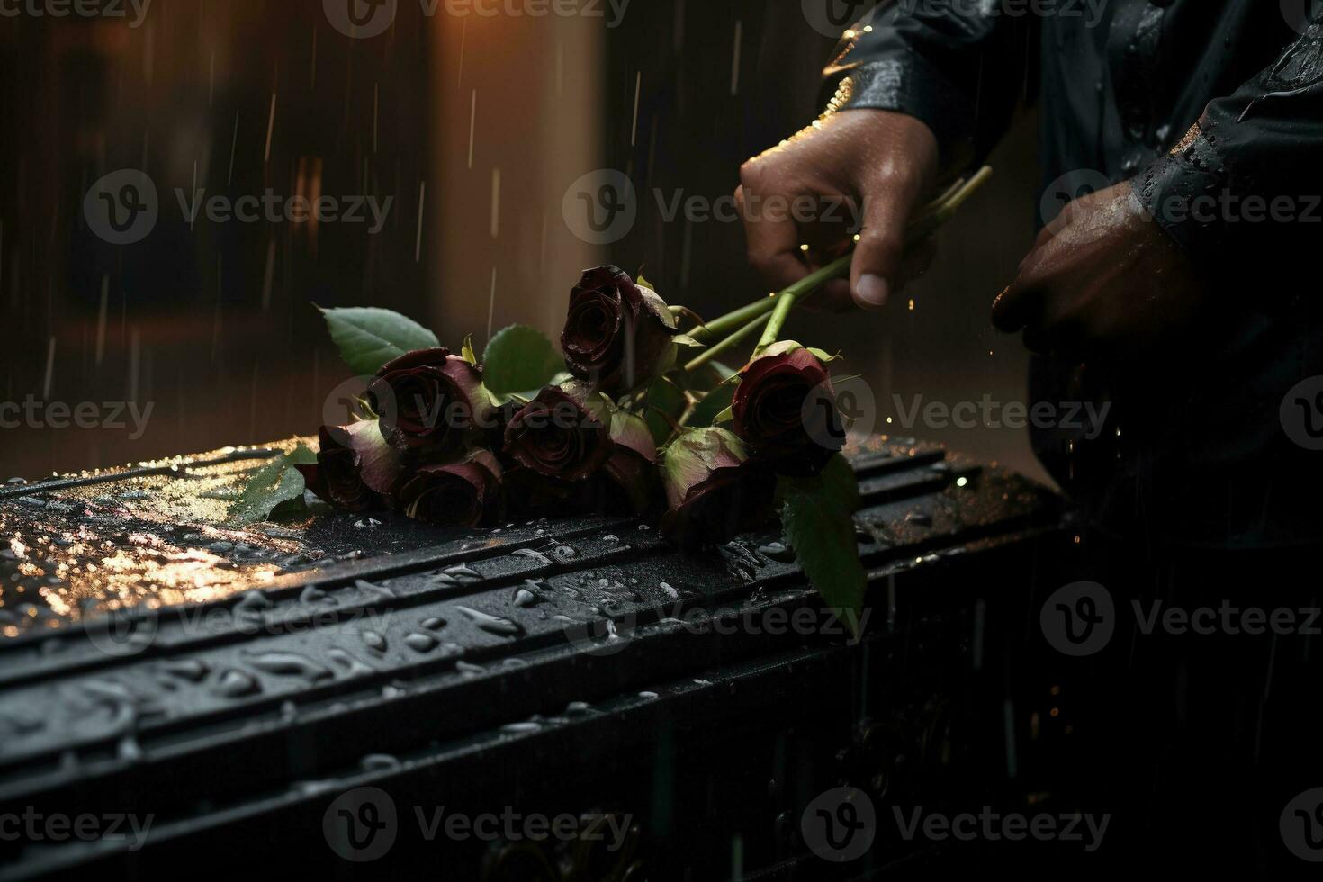 closeup of a funeral casket at a cemetery with flowers in the rain,hand on the grave in the rain with dark background and rose AI generated photo