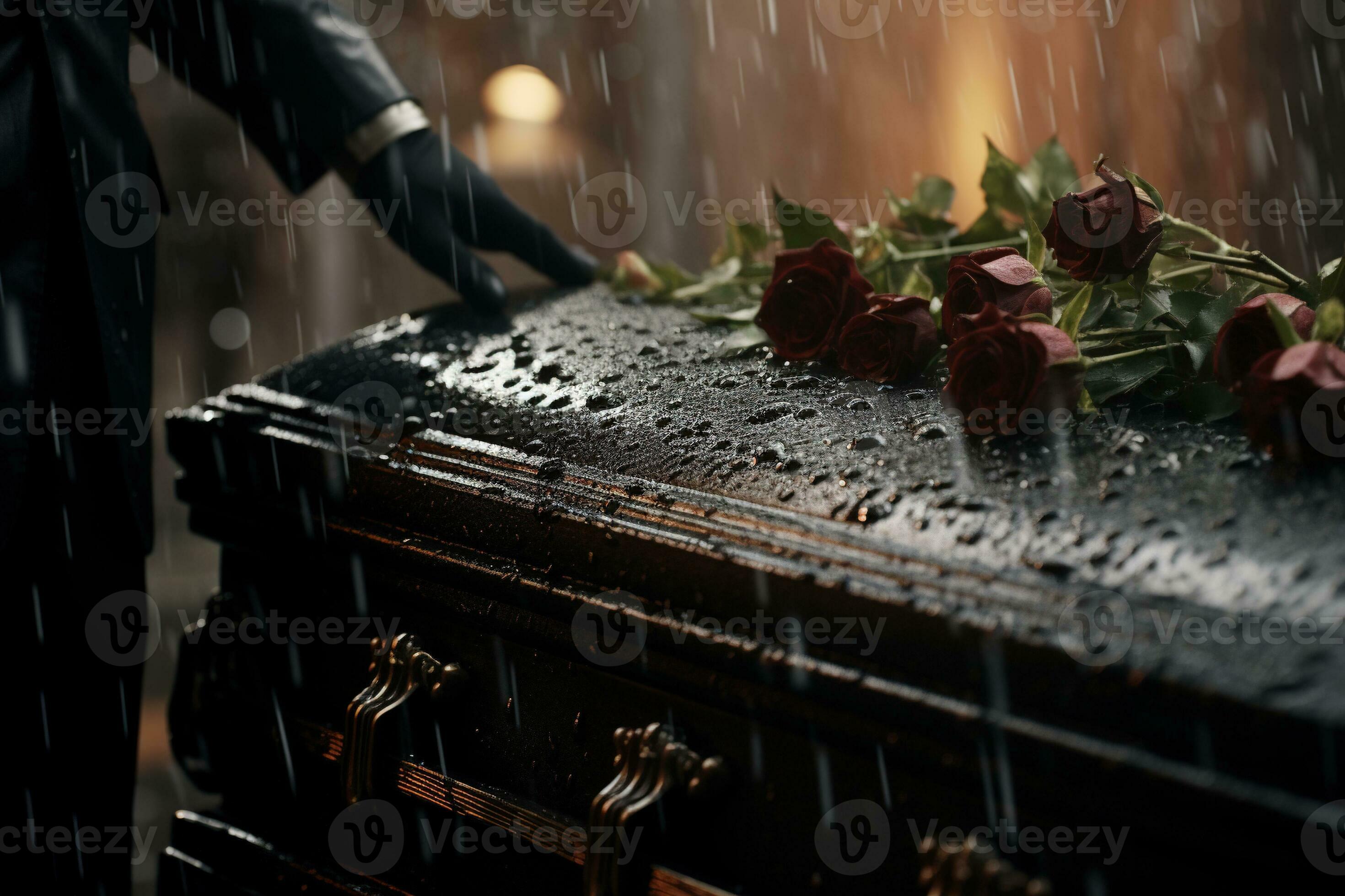closeup of a funeral casket at a cemetery with flowers in the rain,hand