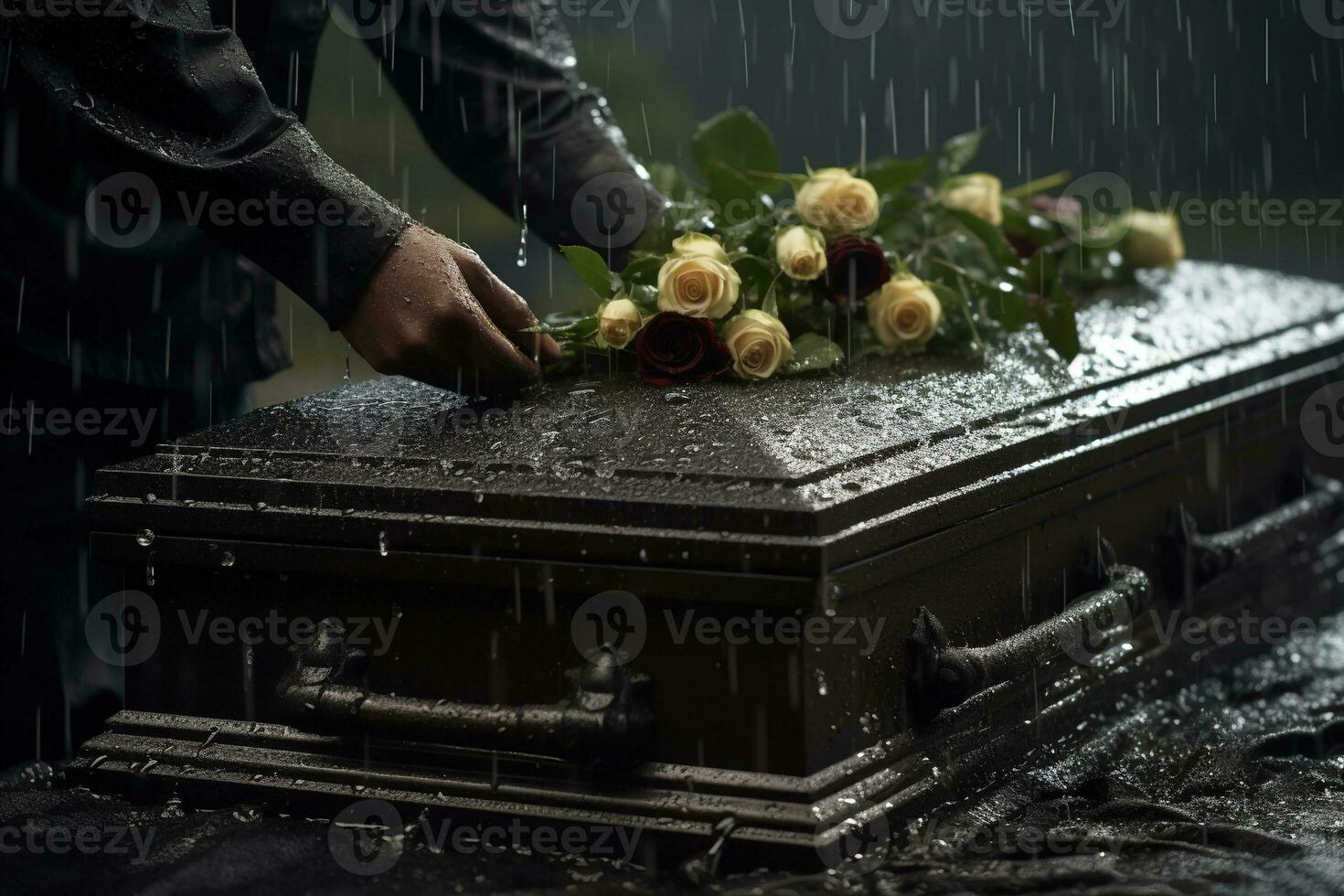 closeup of a funeral casket at a cemetery with flowers in the rain,hand on the grave in the rain with dark background and rose AI generated photo