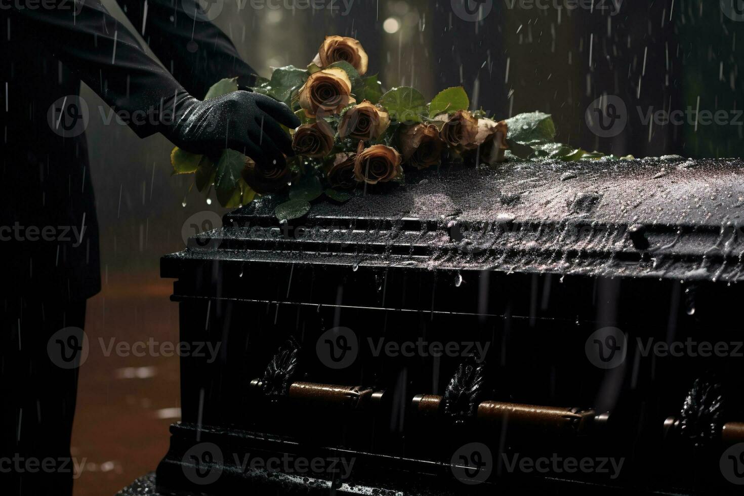 closeup of a funeral casket at a cemetery with flowers in the rain,hand on the grave in the rain with dark background and rose AI generated photo