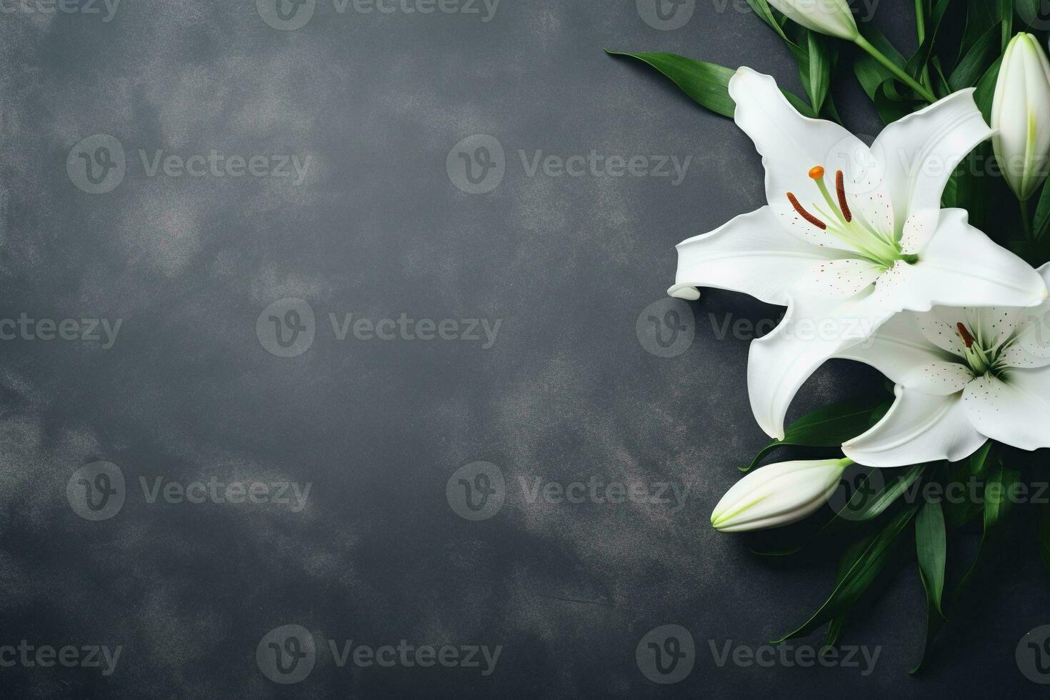 Beautiful white lily flowers on black background with copy space.Funeral Concept AI generated photo