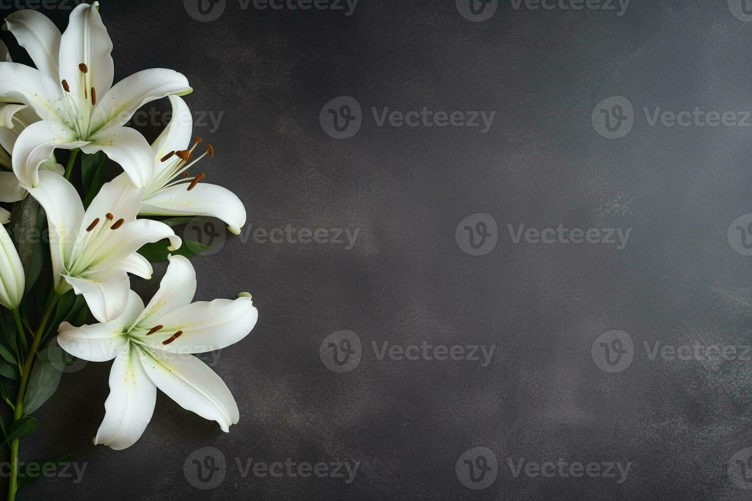 Beautiful white lily flowers on black background with copy space.Funeral Concept AI generated photo