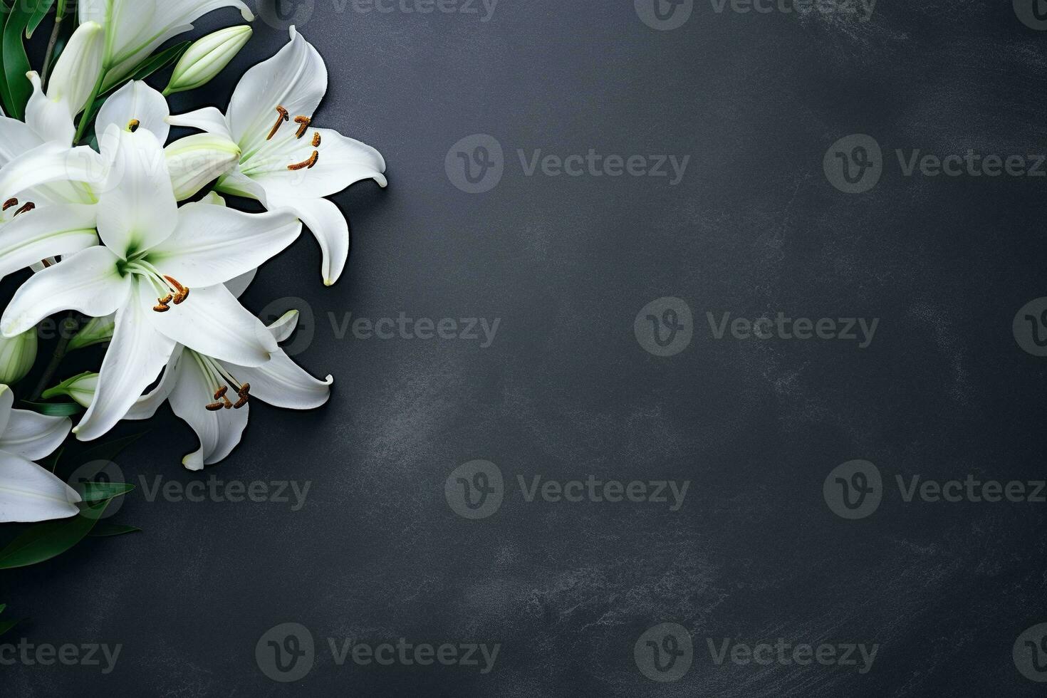 Beautiful white lily flowers on black background with copy space.Funeral Concept AI generated photo