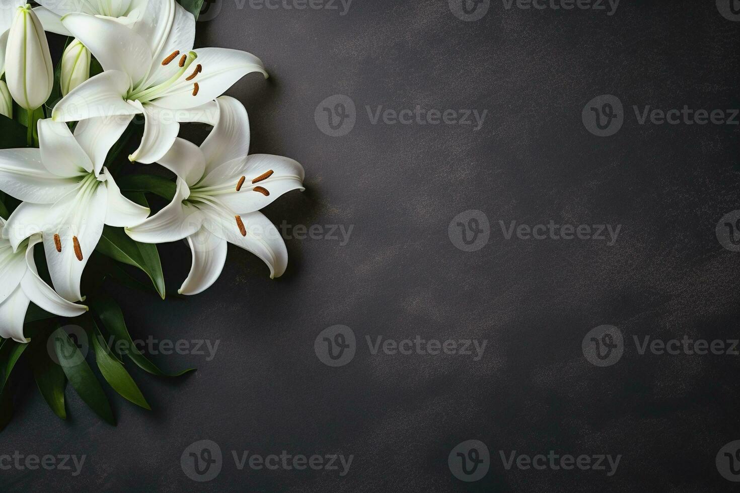 Beautiful white lily flowers on black background with copy space.Funeral Concept AI generated photo
