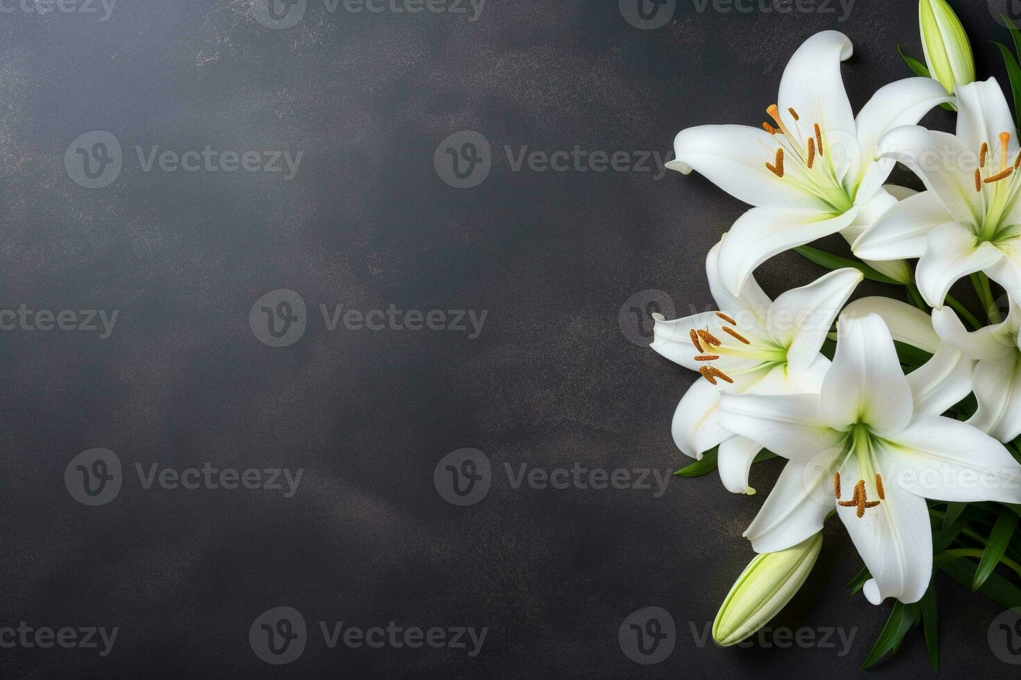 Beautiful white lily flowers on black background with copy space.Funeral Concept AI generated photo