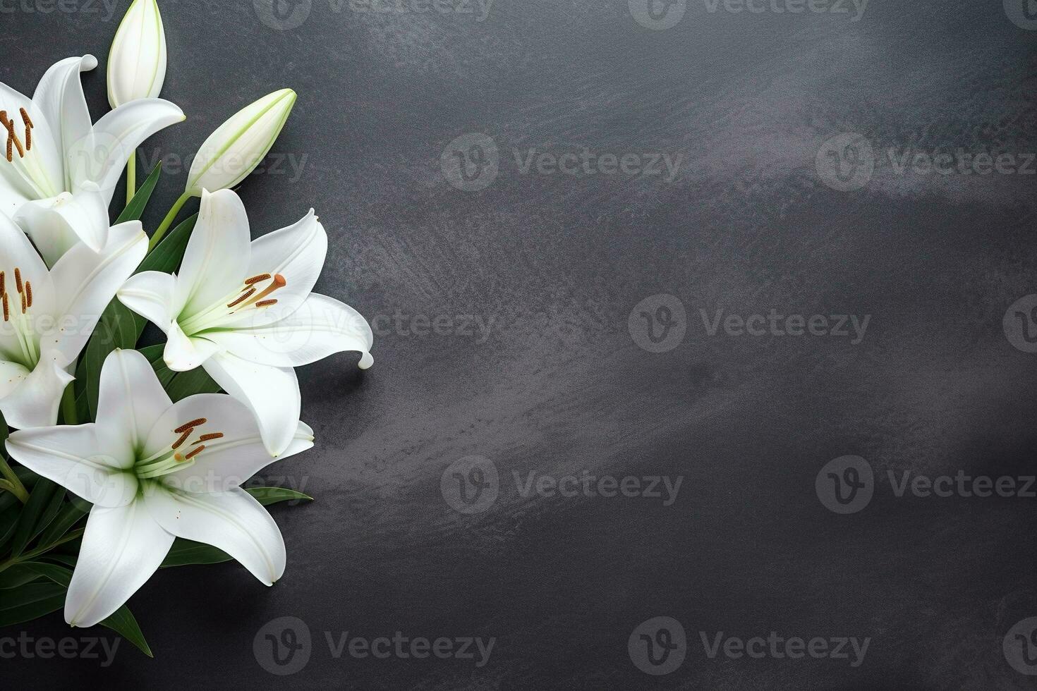 Beautiful white lily flowers on black background with copy space.Funeral Concept AI generated photo