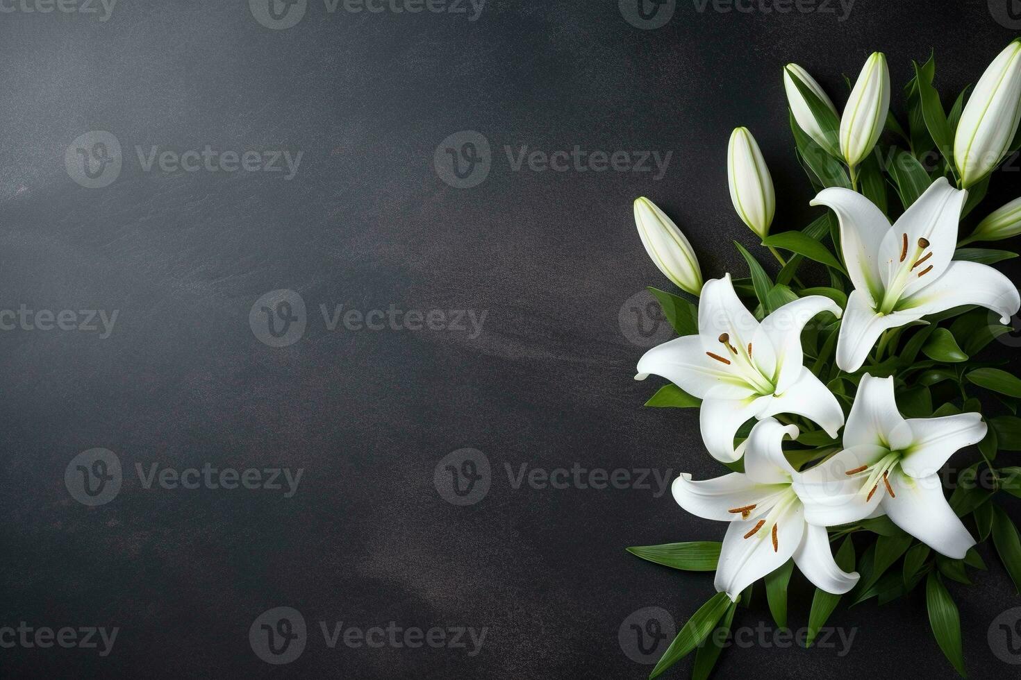 Beautiful white lily flowers on black background with copy space.Funeral Concept AI generated photo