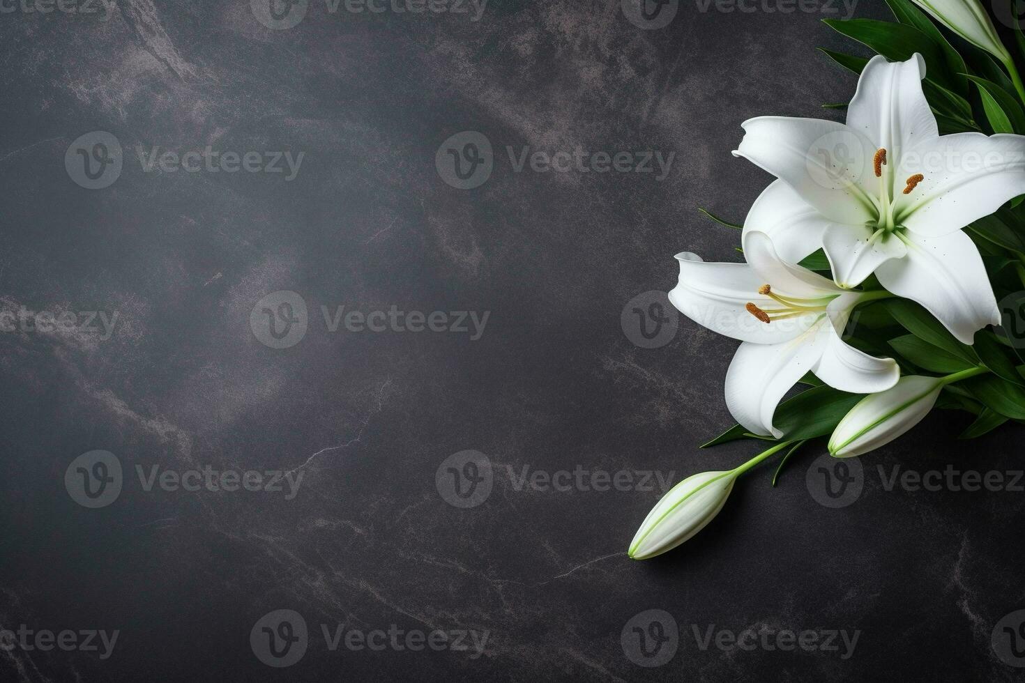 Beautiful white lily flowers on black background with copy space.Funeral Concept AI generated photo