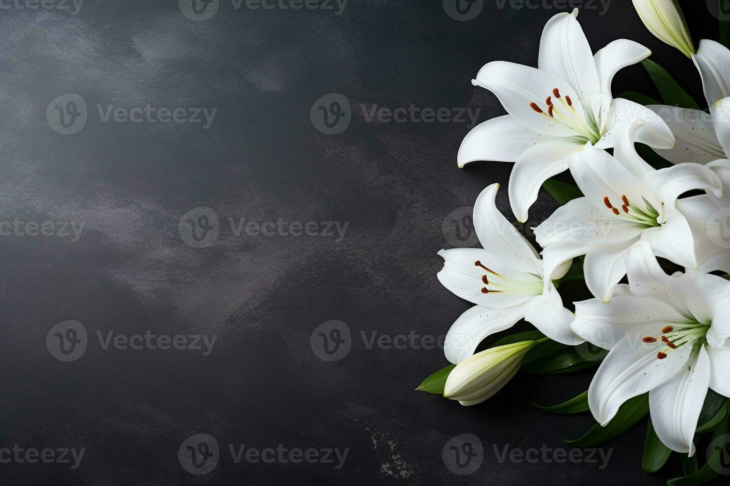 Beautiful white lily flowers on black background with copy space.Funeral Concept AI generated photo