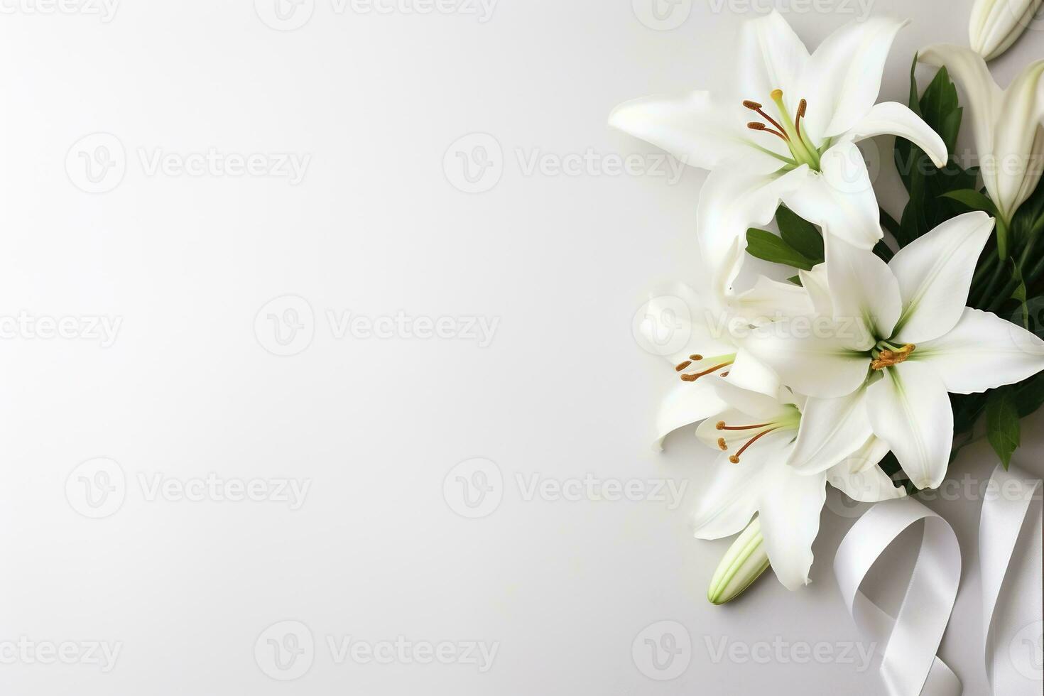 White lily bouquet with ribbon on white background.Funeral Concept AI generated photo