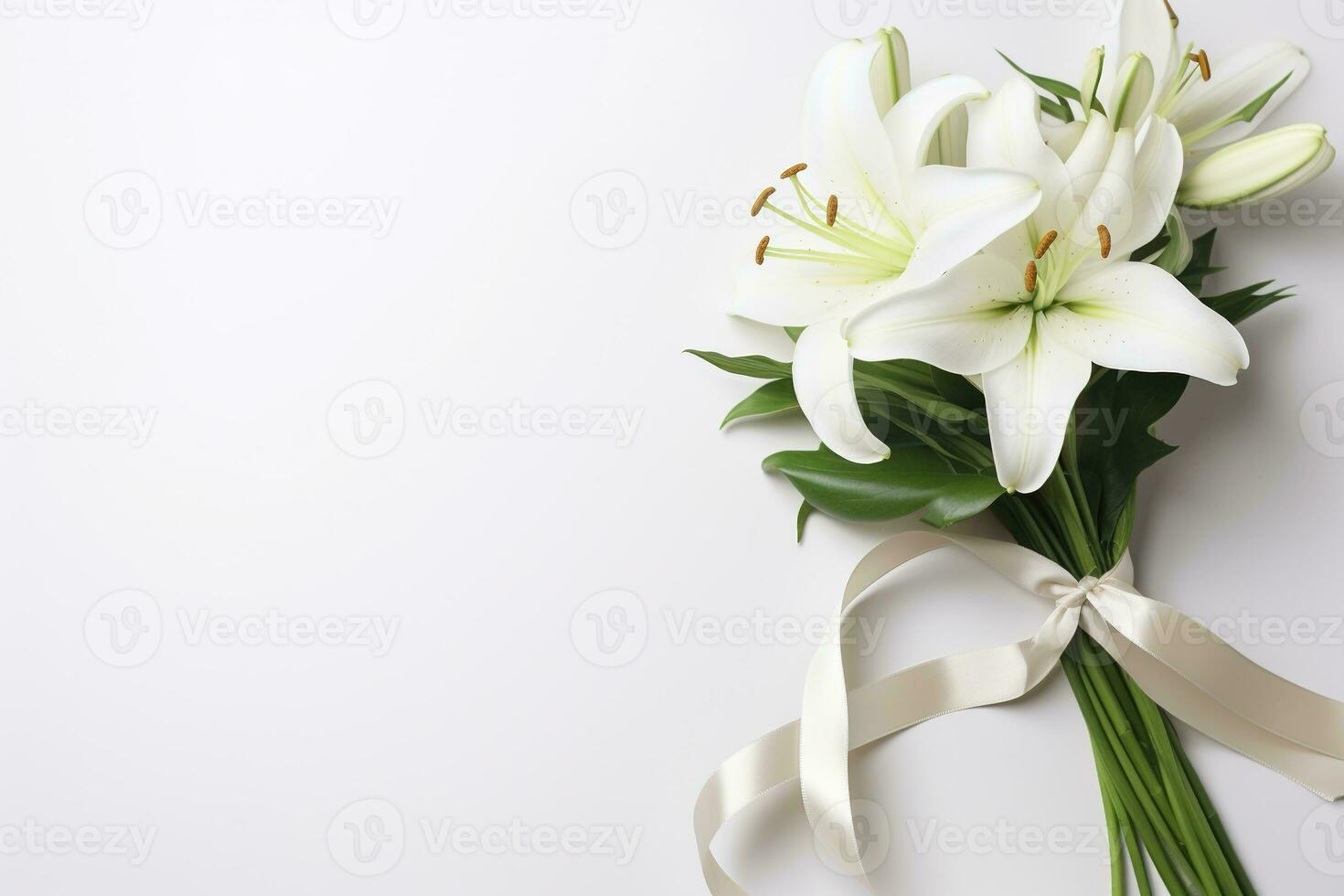 White lily bouquet with ribbon on white background.Funeral Concept AI generated photo