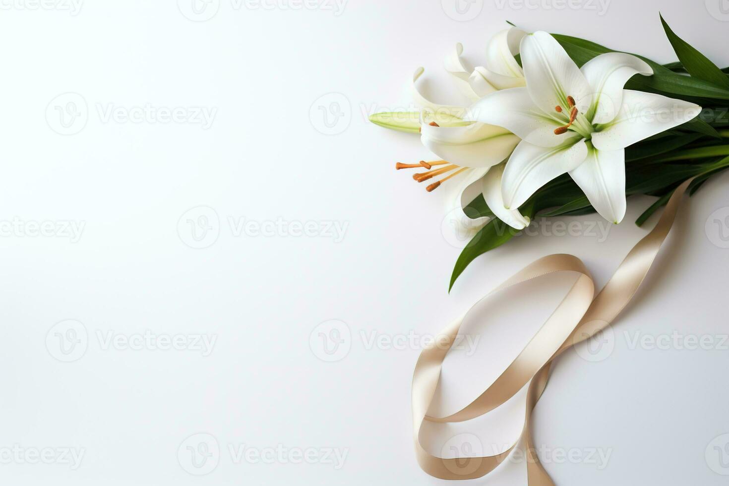 White lily bouquet with ribbon on white background.Funeral Concept AI generated photo