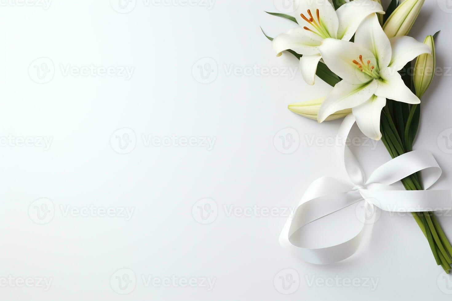 White lily bouquet with ribbon on white background.Funeral Concept AI generated photo