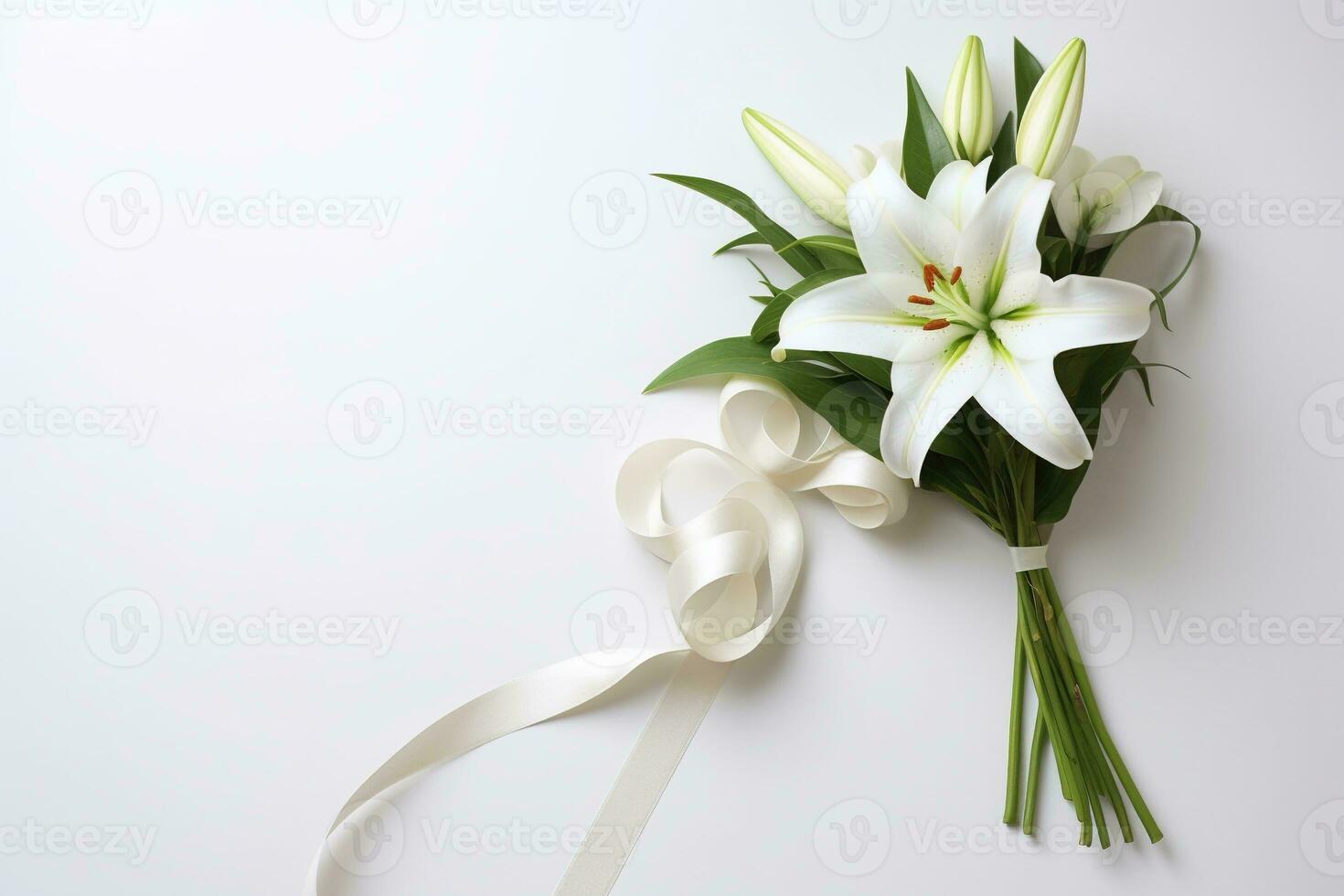 White lily bouquet with ribbon on white background.Funeral Concept AI generated photo