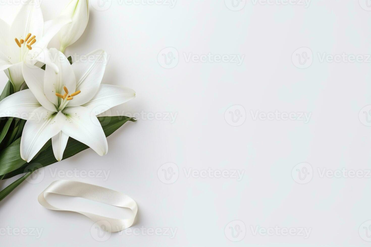 White lily bouquet with ribbon on white background.Funeral Concept AI generated photo