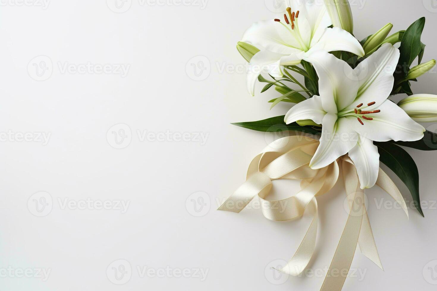 White lily bouquet with ribbon on white background.Funeral Concept AI generated photo