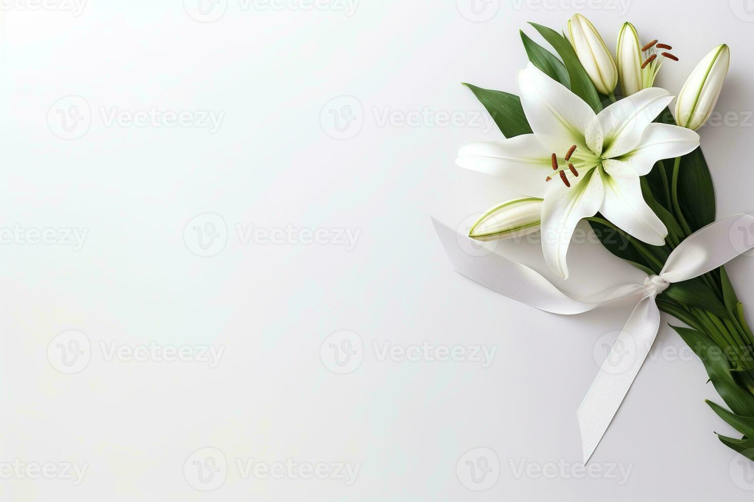 White lily bouquet with ribbon on white background.Funeral Concept AI generated photo