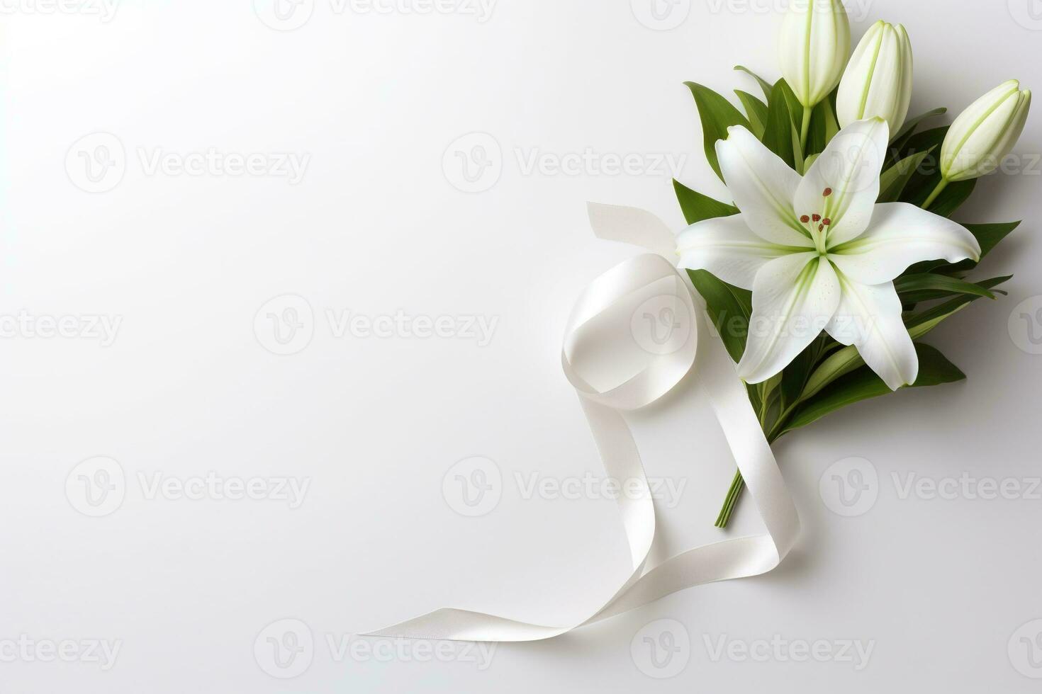 White lily bouquet with ribbon on white background.Funeral Concept AI generated photo