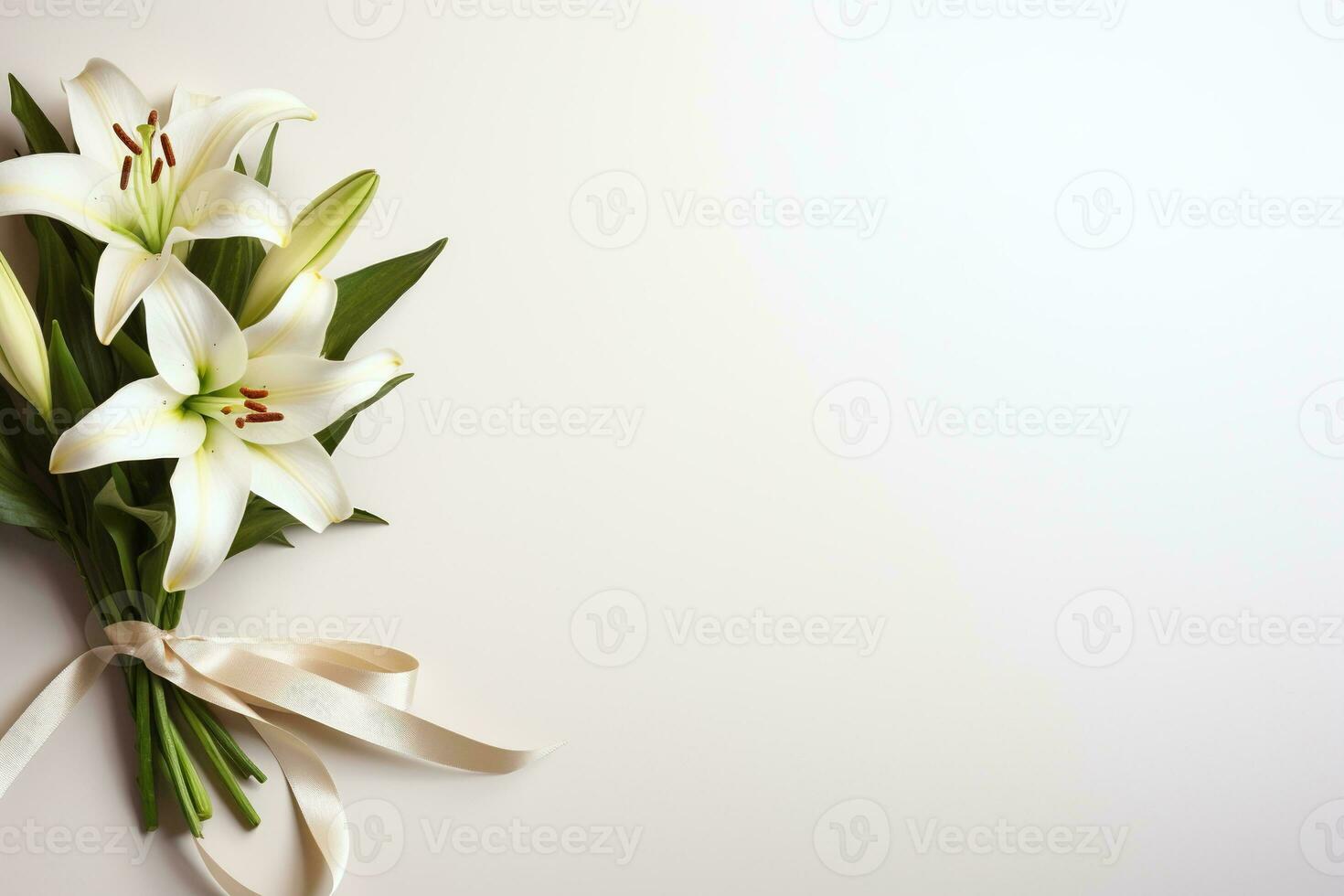 White lily bouquet with ribbon on white background.Funeral Concept AI generated photo