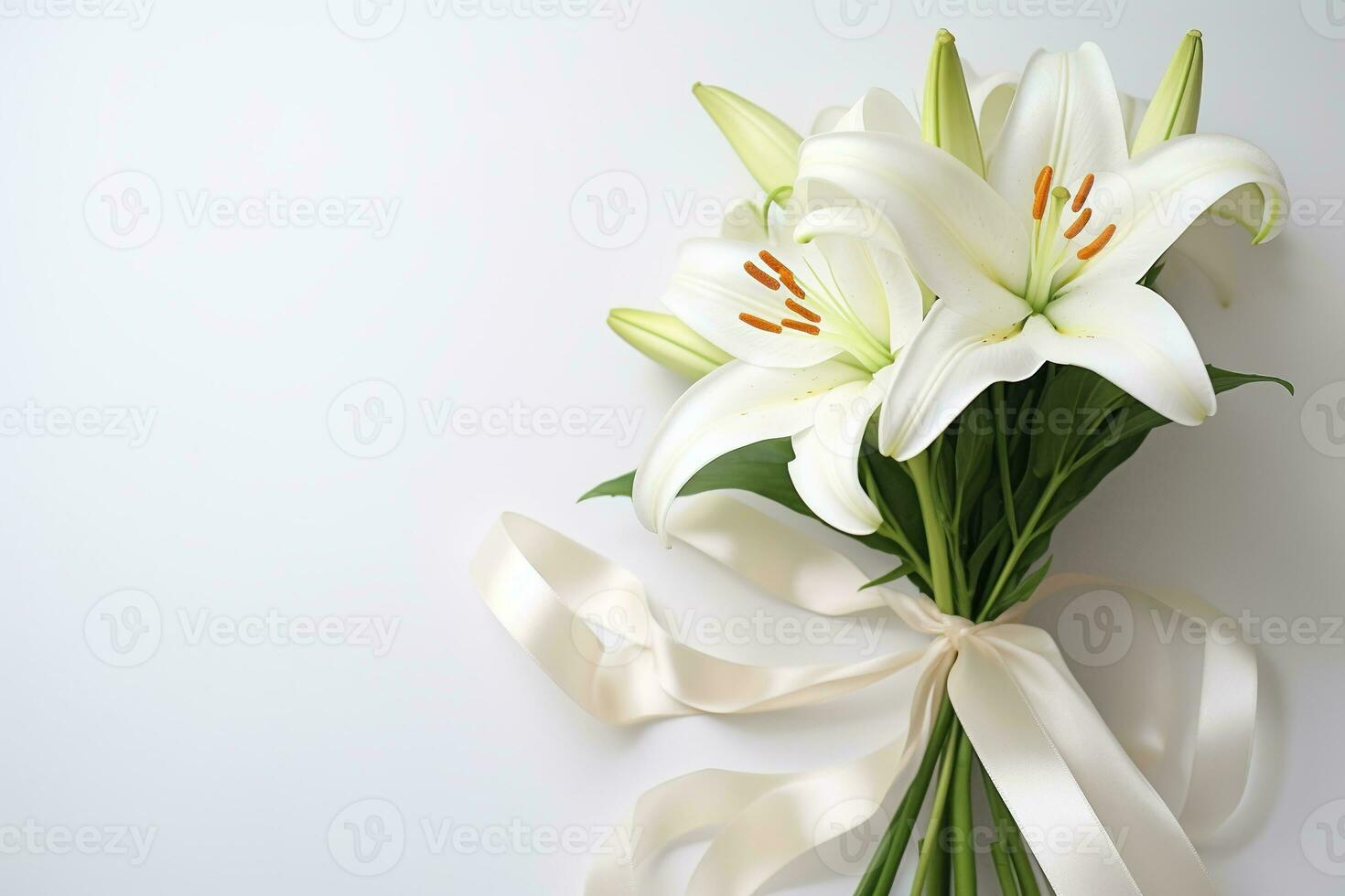 White lily bouquet with ribbon on white background.Funeral Concept AI generated photo