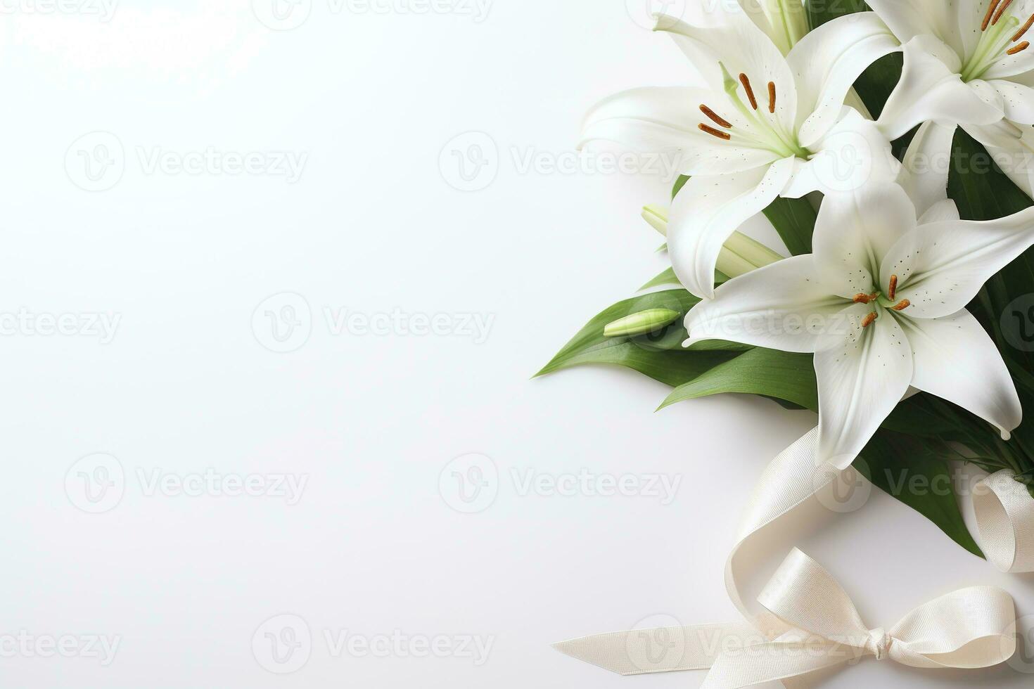 White lily bouquet with ribbon on white background.Funeral Concept AI generated photo