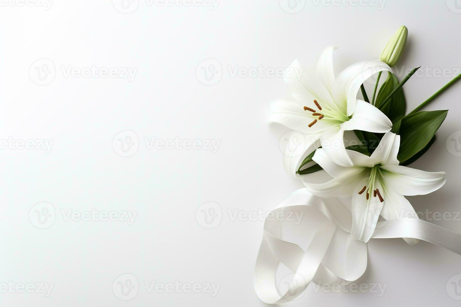 White lily bouquet with ribbon on white background.Funeral Concept AI generated photo