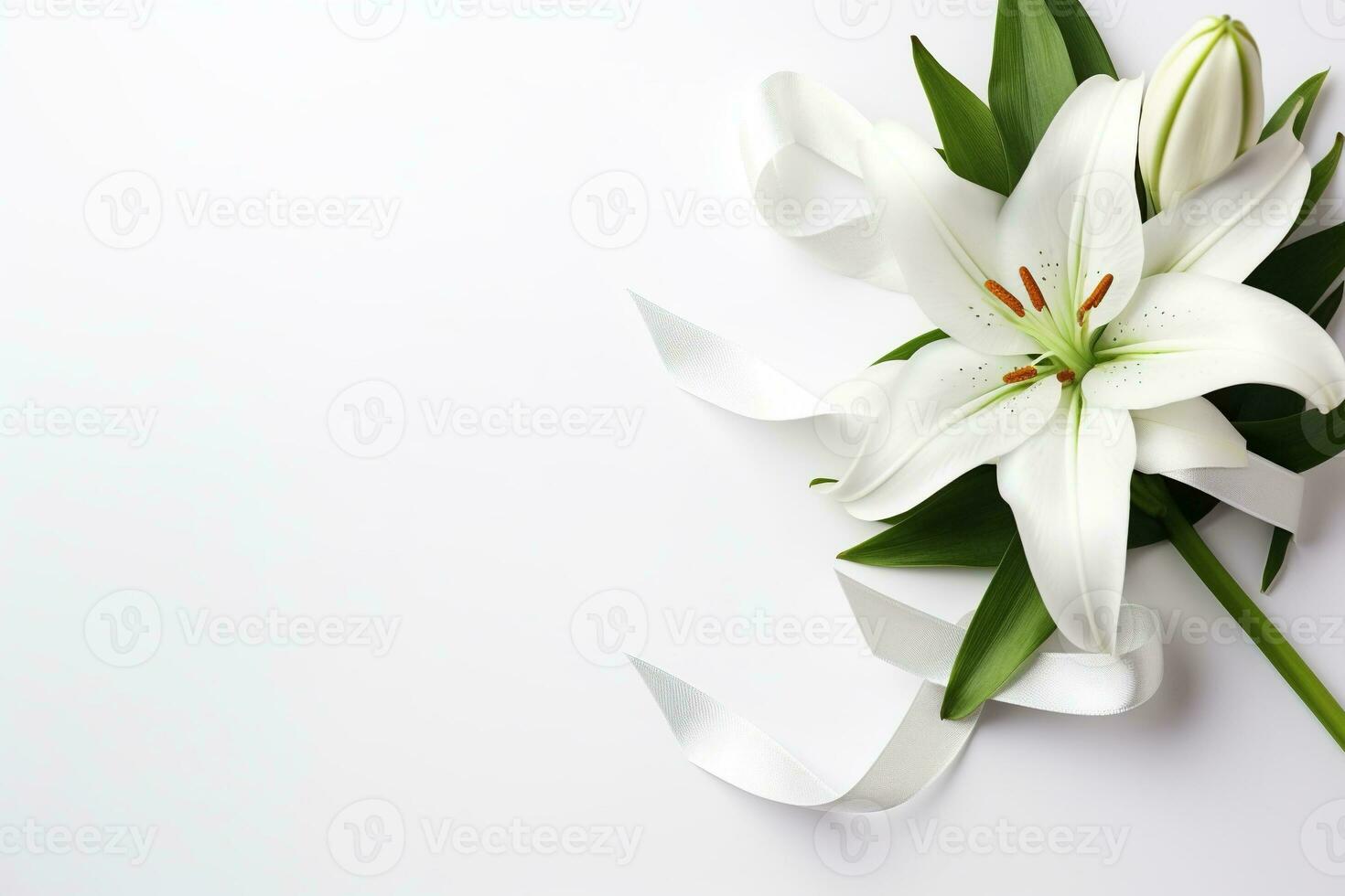 White lily bouquet with ribbon on white background.Funeral Concept AI generated photo