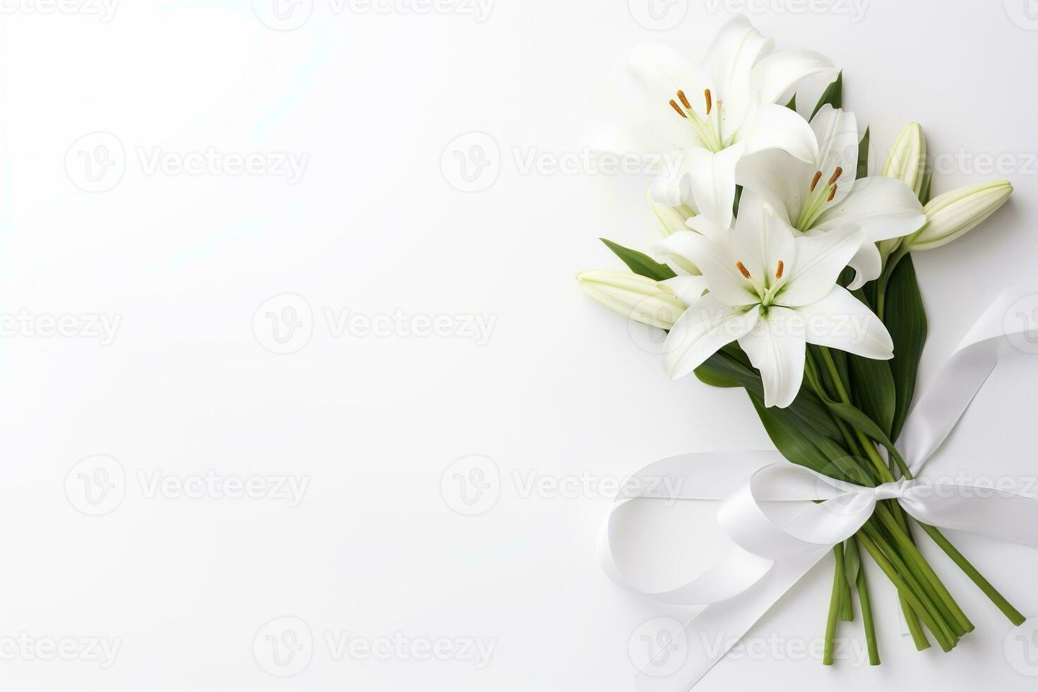 White lily bouquet with ribbon on white background.Funeral Concept AI generated photo