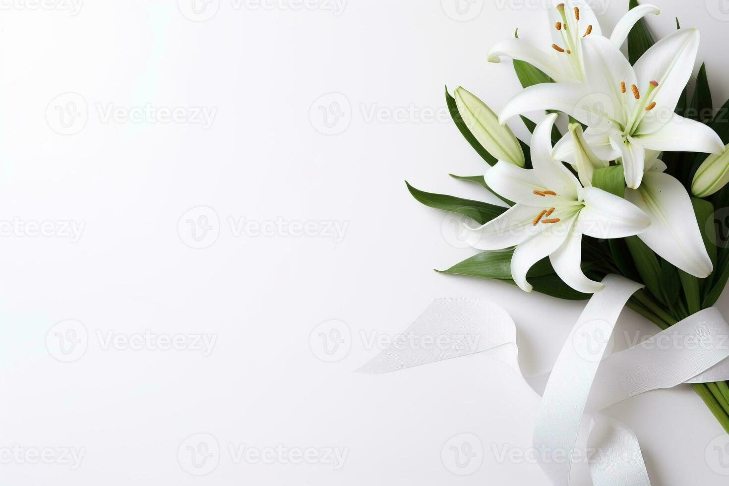 White lily bouquet with ribbon on white background.Funeral Concept AI generated photo