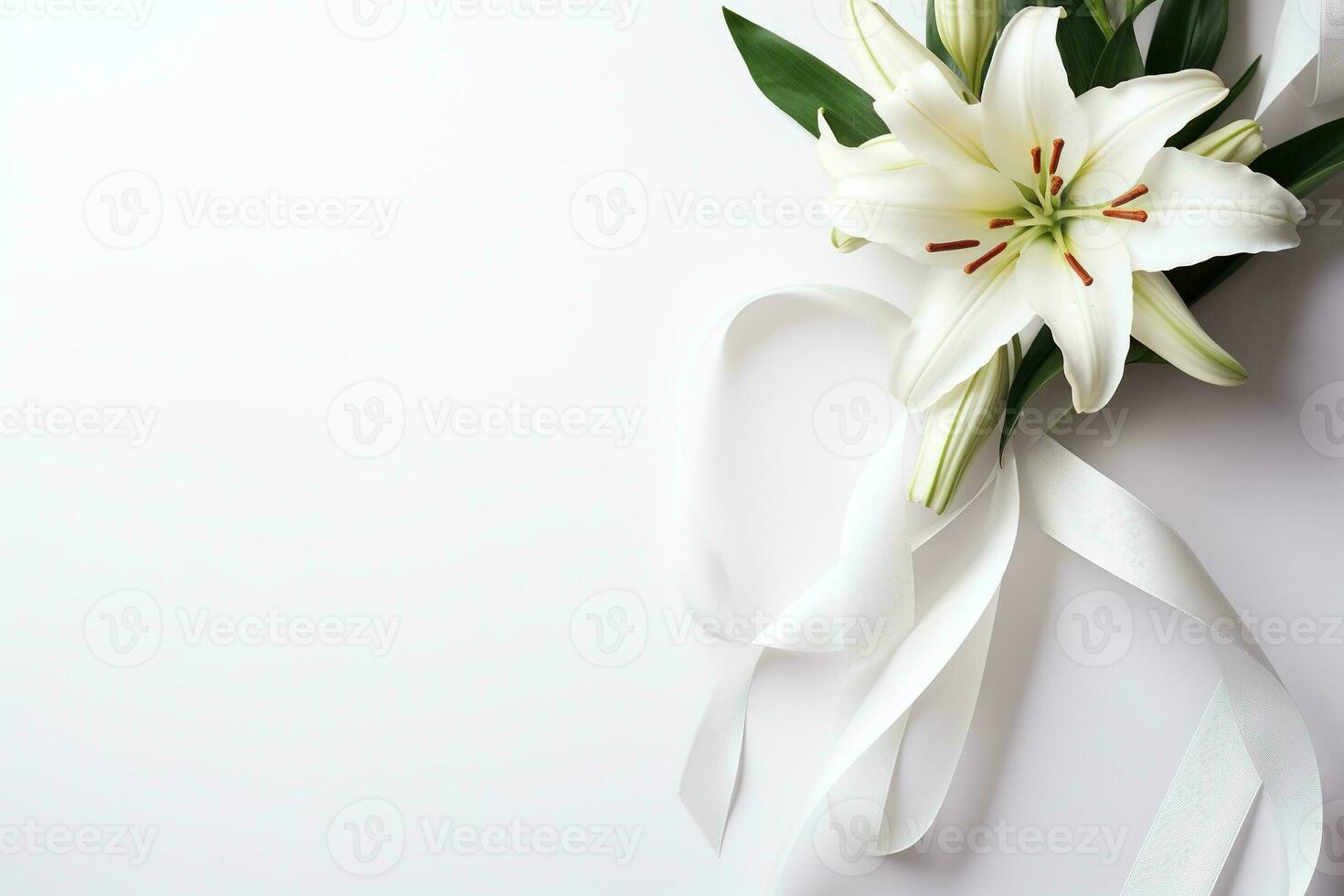 White lily bouquet with ribbon on white background.Funeral Concept AI generated photo