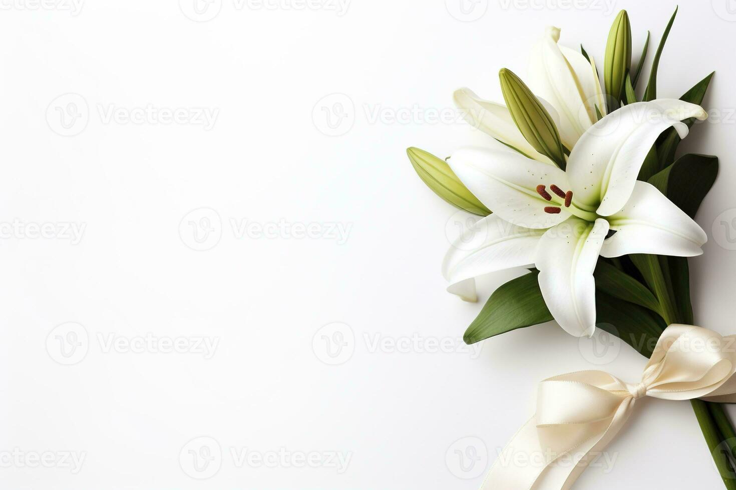 White lily bouquet with ribbon on white background.Funeral Concept AI generated photo