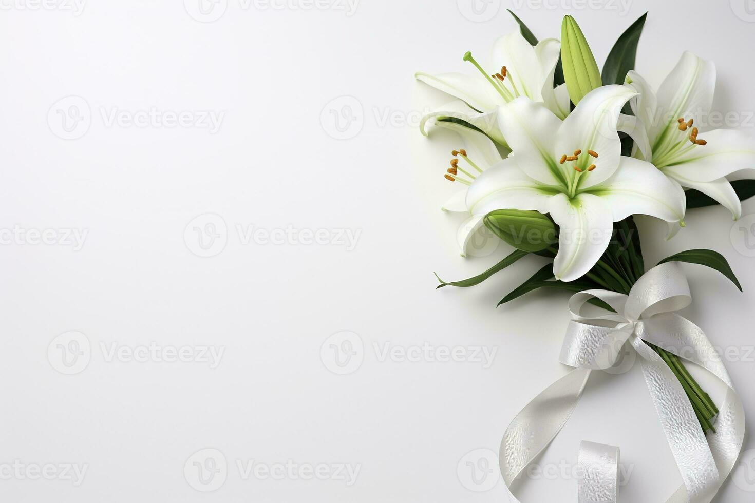 White lily bouquet with ribbon on white background.Funeral Concept AI generated photo