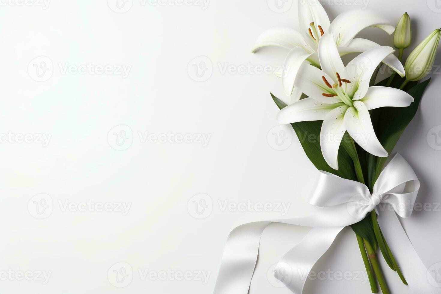 White lily bouquet with ribbon on white background.Funeral Concept AI generated photo