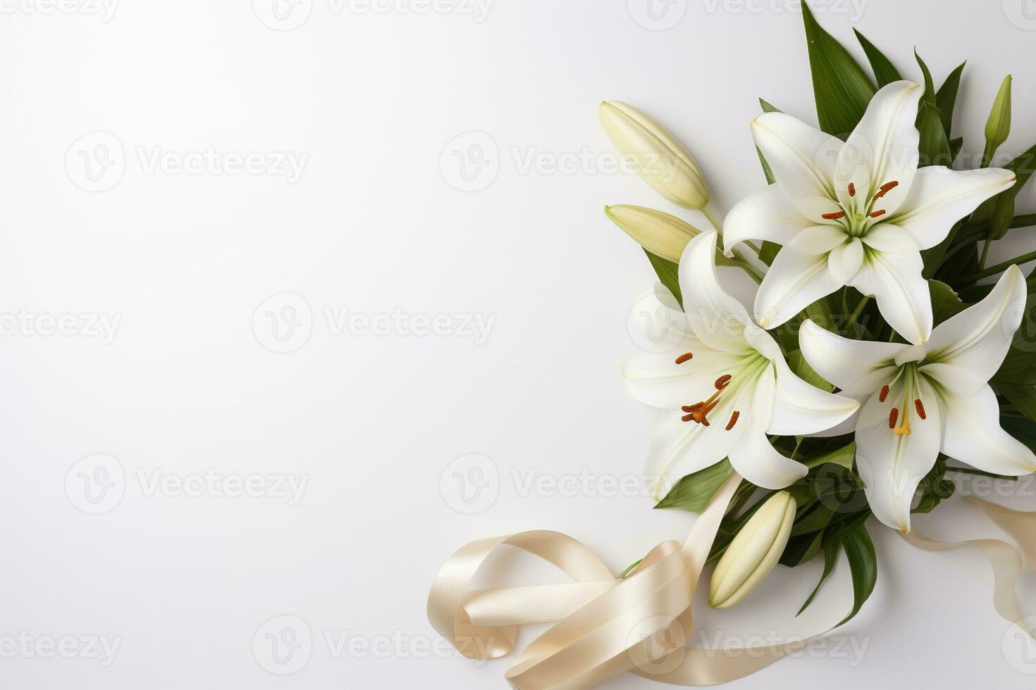White lily bouquet with ribbon on white background.Funeral Concept AI generated photo