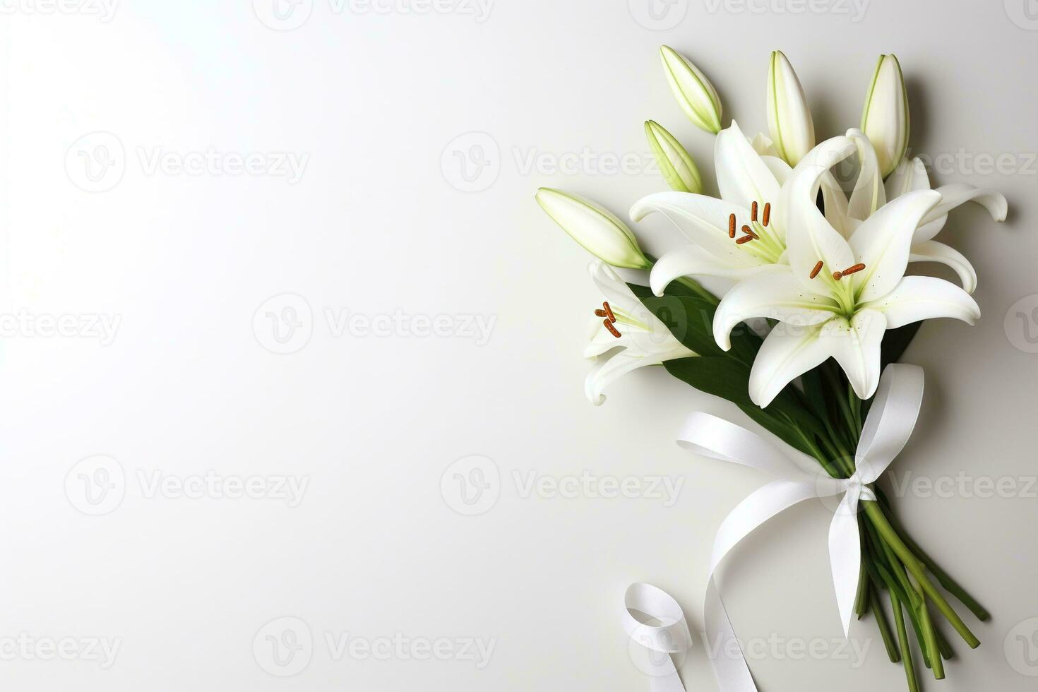 White lily bouquet with ribbon on white background.Funeral Concept AI generated photo