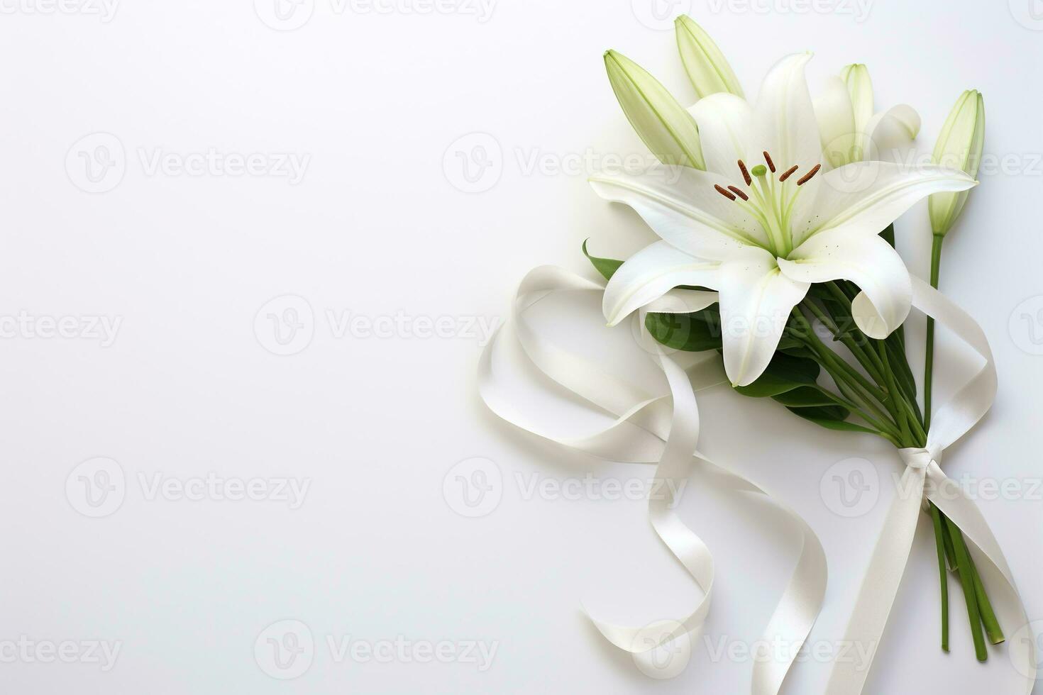 White lily bouquet with ribbon on white background.Funeral Concept AI generated photo